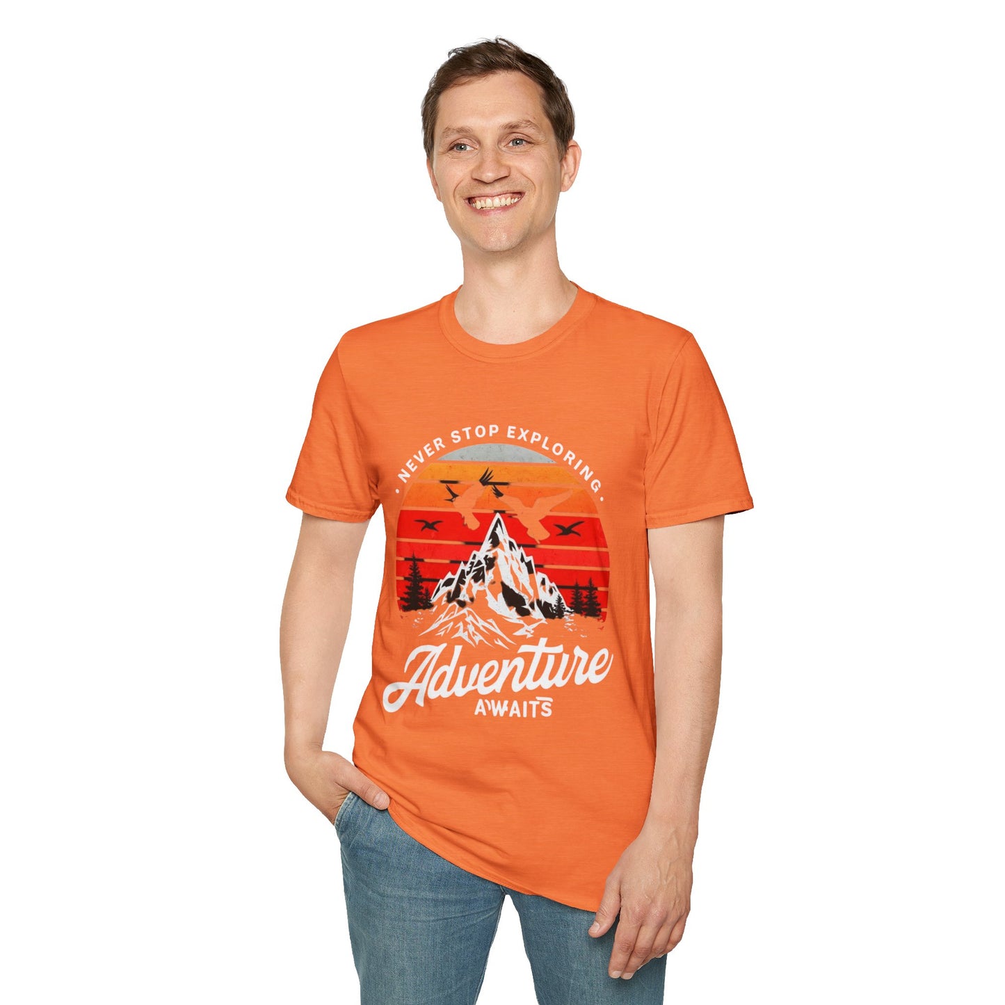 Adventure Awaits T-Shirt | Unisex Softstyle Tee | Perfect for Travel Lovers, Outdoor Adventures, Camping, Nature Gifts, Explore
