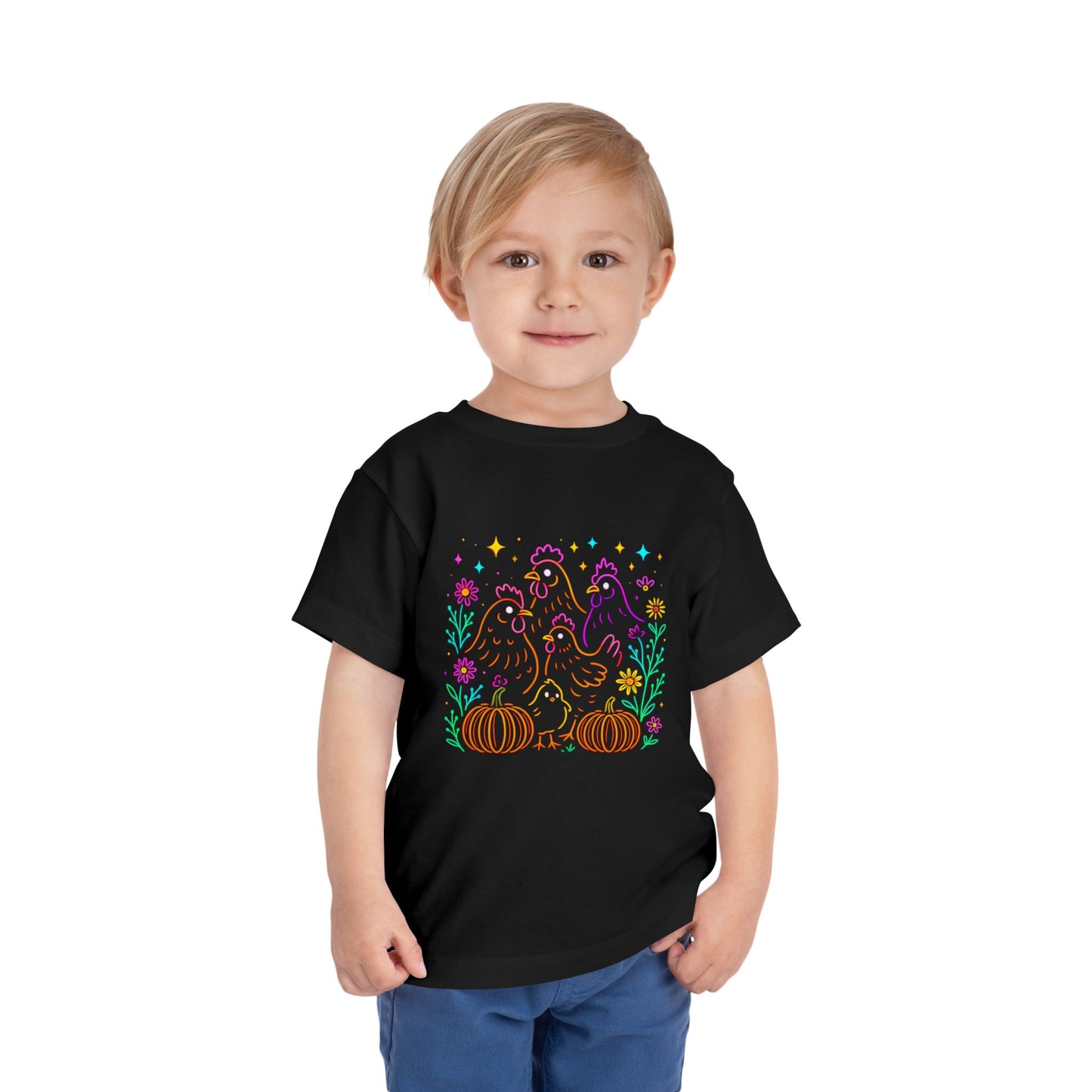 Toddler Halloween Tee - Playful Chickens & Pumpkins Design