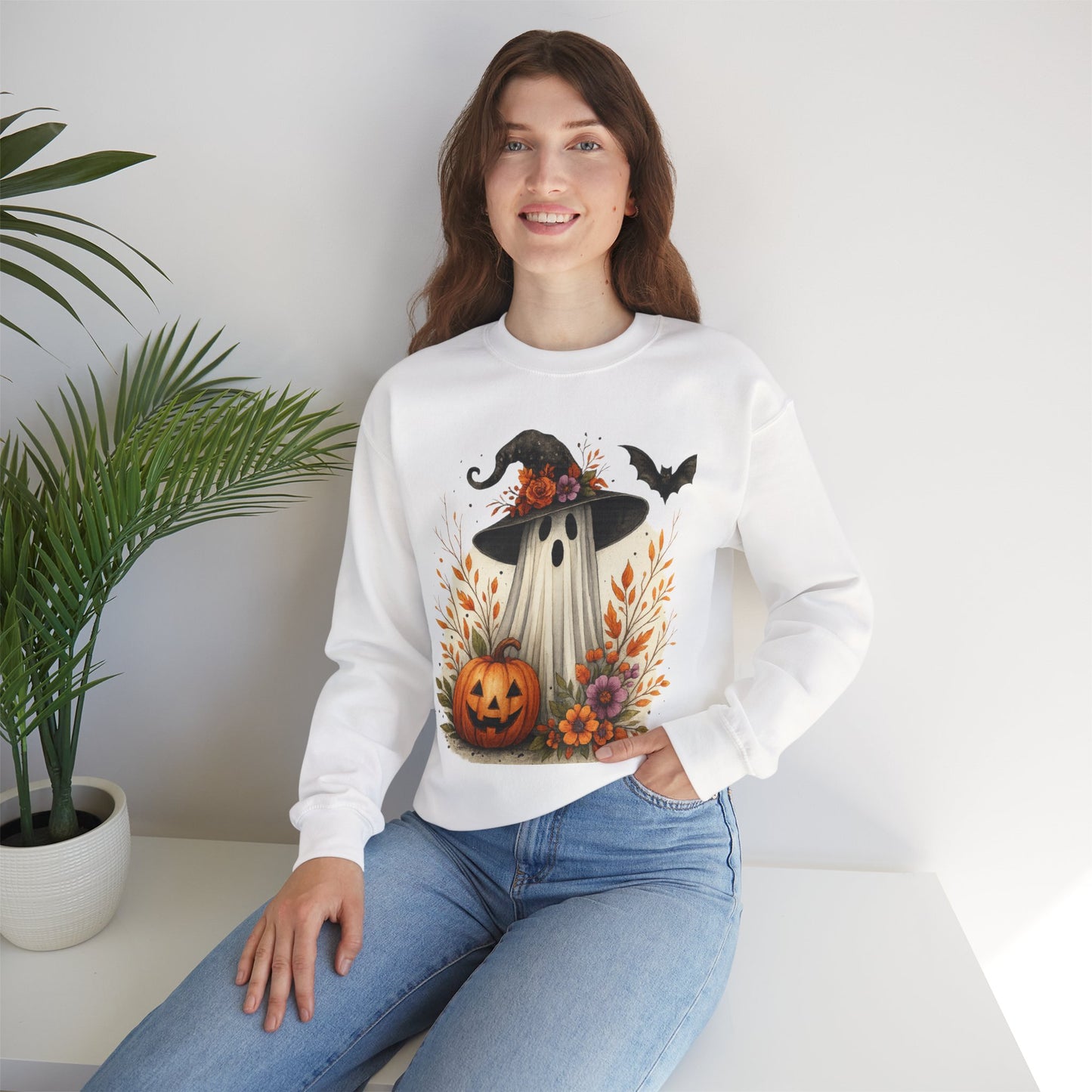Halloween Ghost Crewneck Sweatshirt, Cozy Fall Apparel, Cute Ghost Design, Pumpkin Sweatshirt, Unisex Halloween Gift