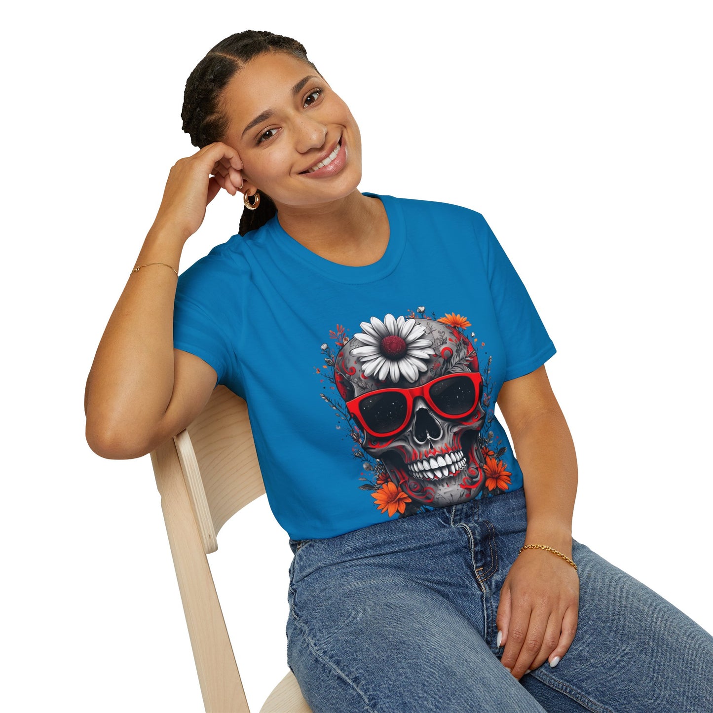 Skull & Flower Graphic T-Shirt, Unisex Casual Tee, Edgy Fashion Wear, Festival Outfit, Gift for Halloween & Day of the Dead