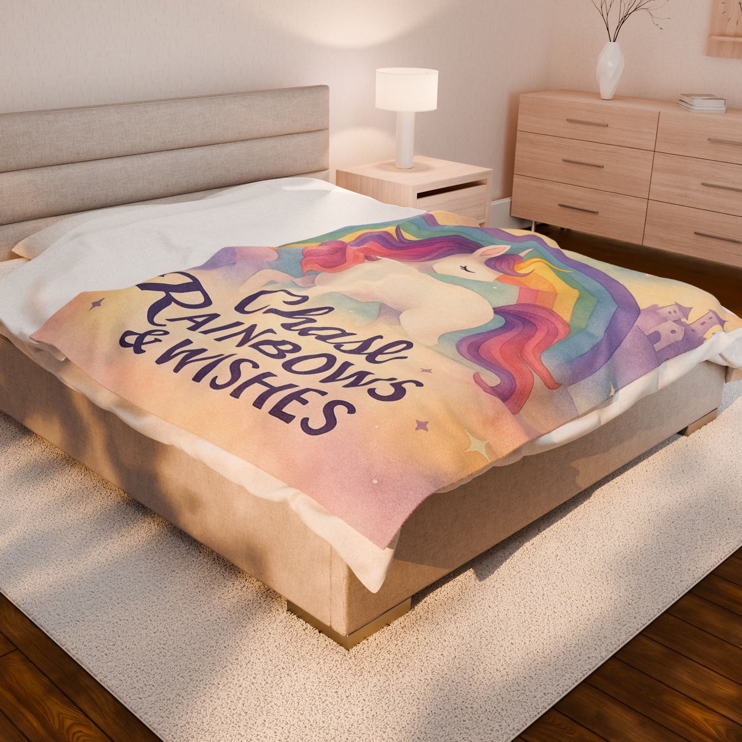 Unicorn Rainbow Plush Blanket, Cozy Kids Blanket, Soft Velveteen Throw, Magical Nursery Decor, Chase Rainbows & Wishes