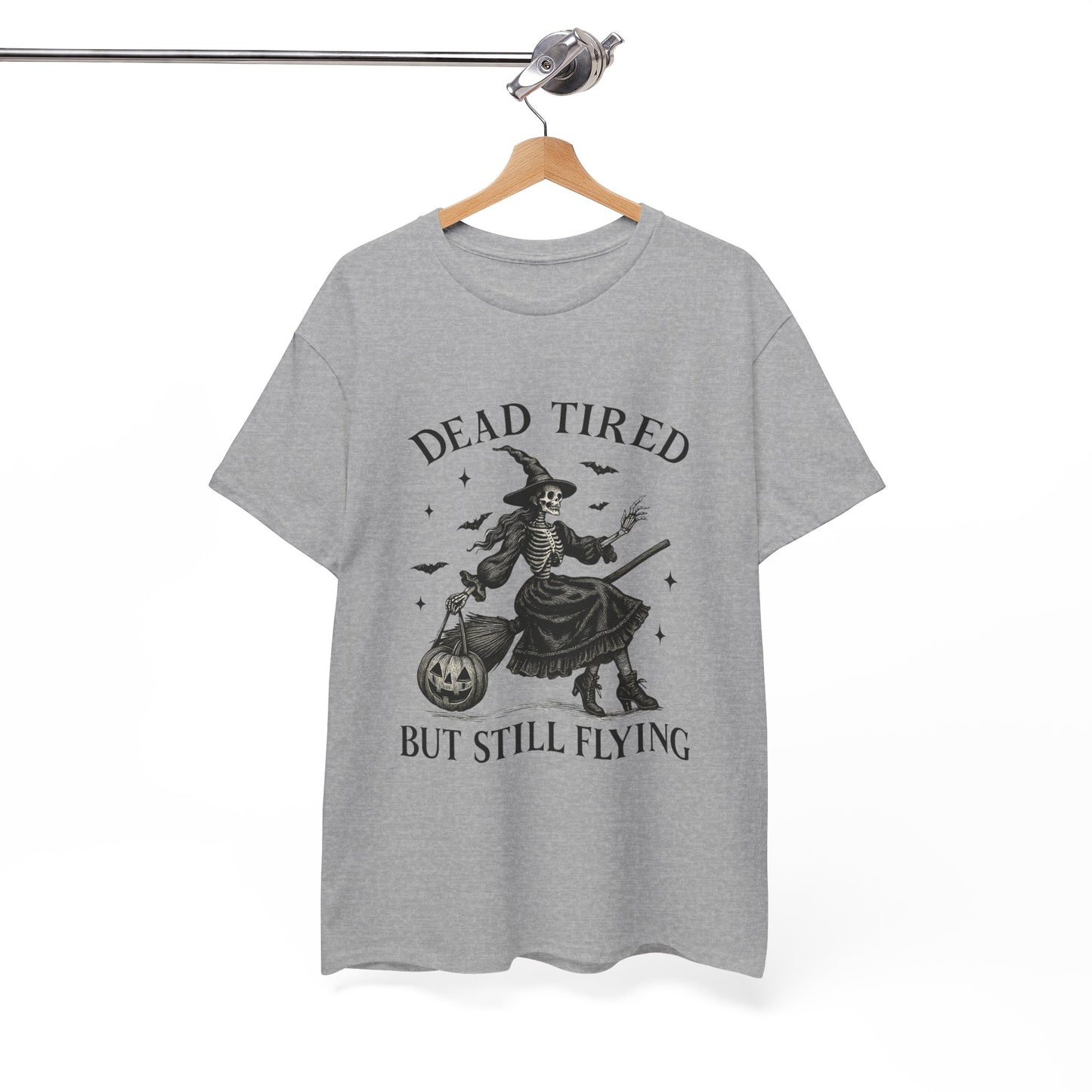 Dead Tired But Flying Skeleton Witch Halloween Tee