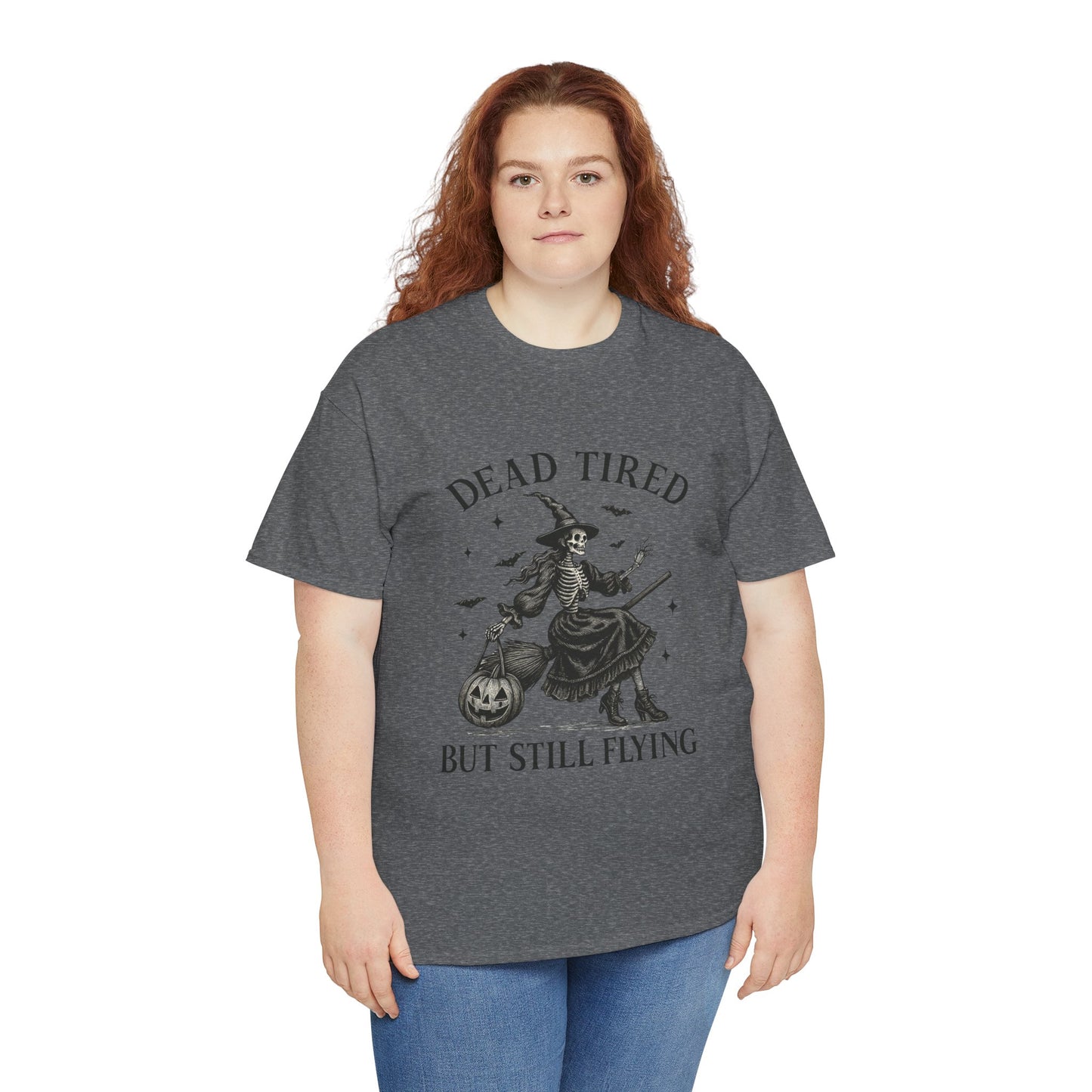 Dead Tired But Flying Skeleton Witch Halloween Tee