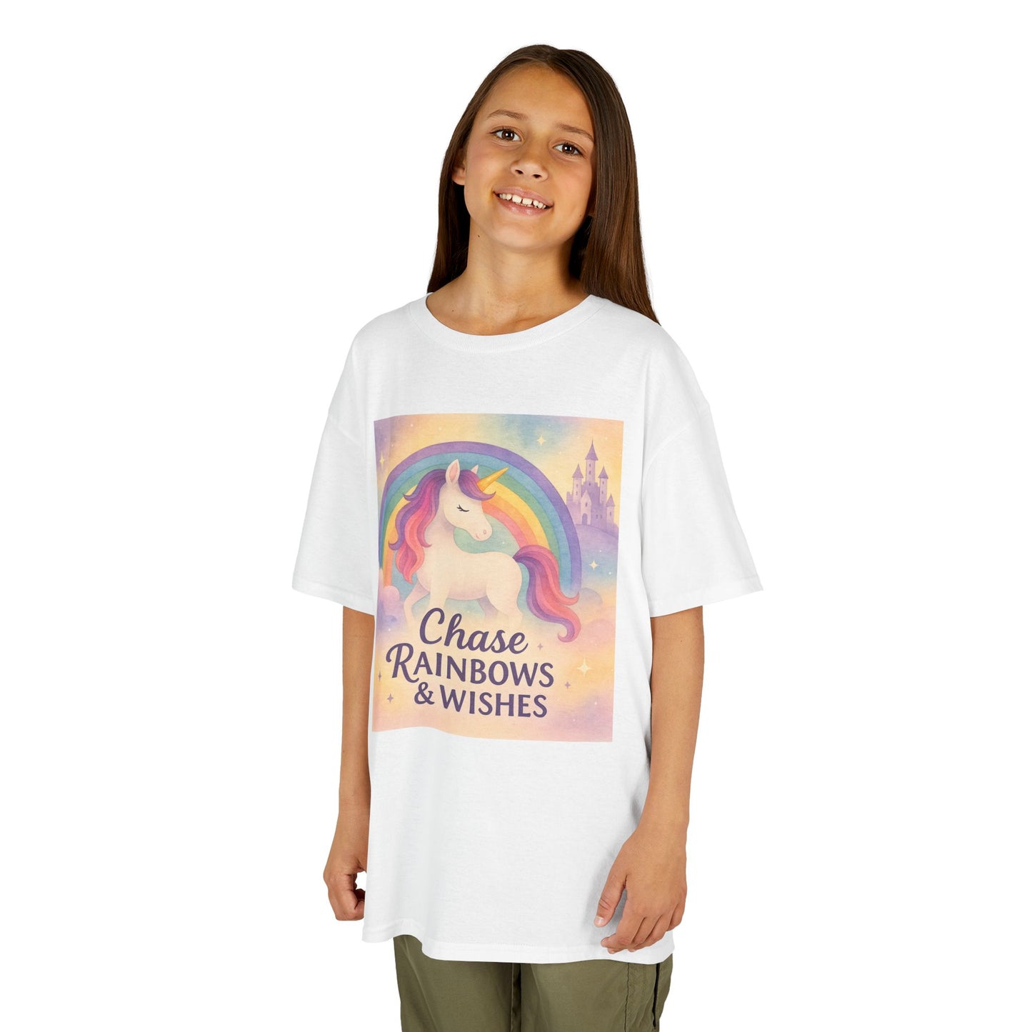 Chase Rainbows & Wishes Unicorn Kids Tee, Magical T-Shirt, Birthday Gift for Kids, Unicorn Lover Apparel, Playful Cotton Tee