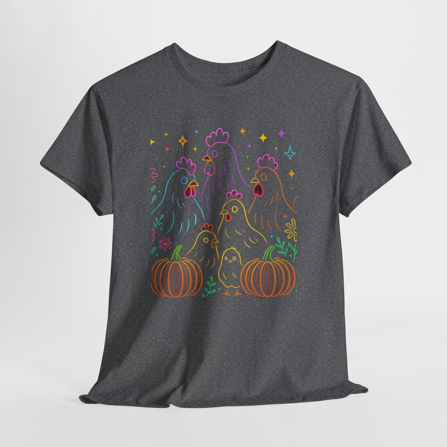 🌻 Autumn Chickens & Pumpkins Tee – Colorful Farm Harvest Shirt