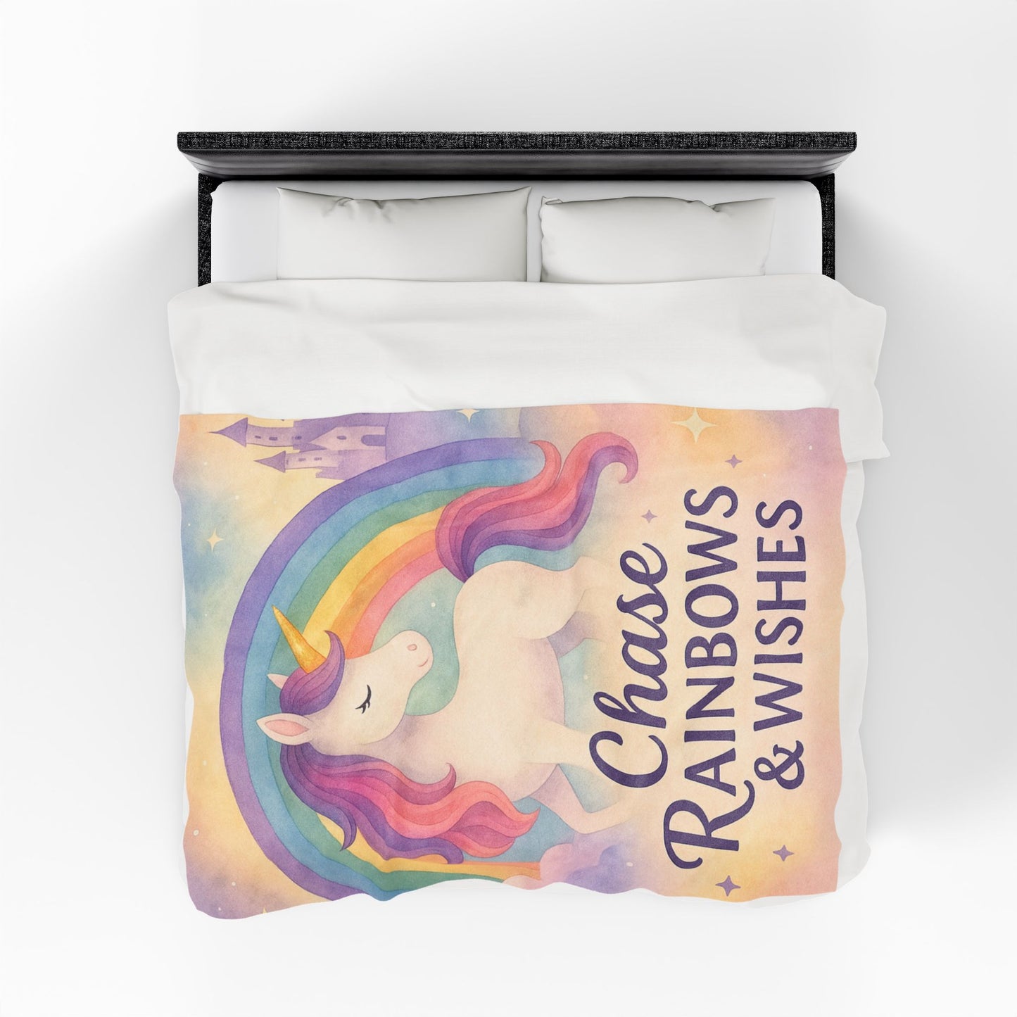 Unicorn Rainbow Plush Blanket, Cozy Kids Blanket, Soft Velveteen Throw, Magical Nursery Decor, Chase Rainbows & Wishes