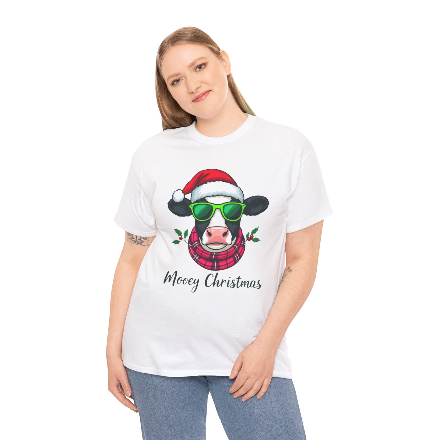Moovey Christmas Cow Tee - Pink Plaid Scarf & Sunglasses