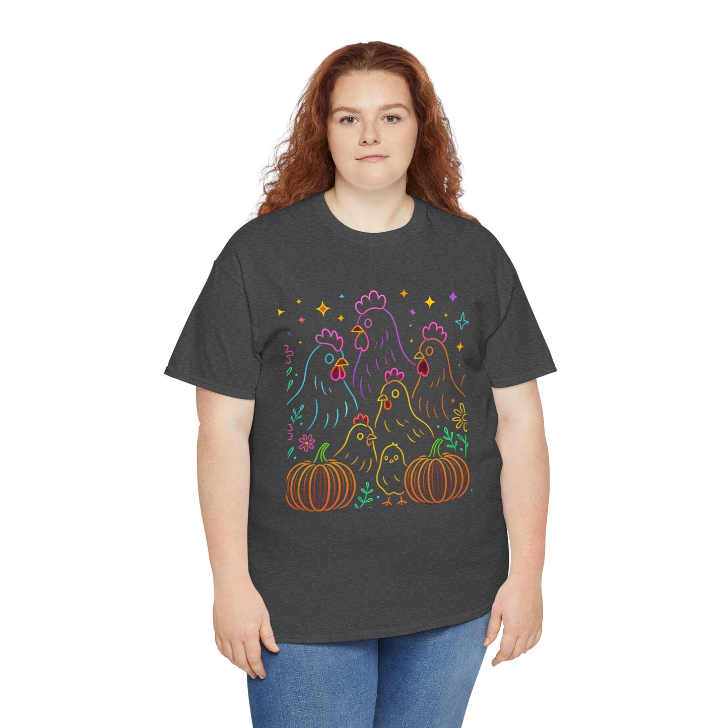 🌻 Autumn Chickens & Pumpkins Tee – Colorful Farm Harvest Shirt