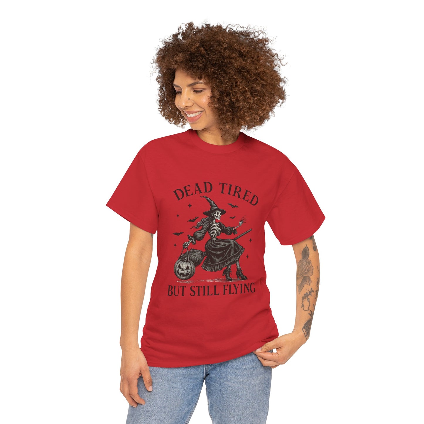 Dead Tired But Flying Skeleton Witch Halloween Tee