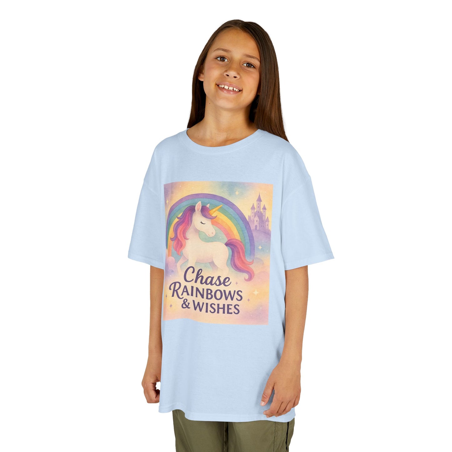 Chase Rainbows & Wishes Unicorn Kids Tee, Magical T-Shirt, Birthday Gift for Kids, Unicorn Lover Apparel, Playful Cotton Tee