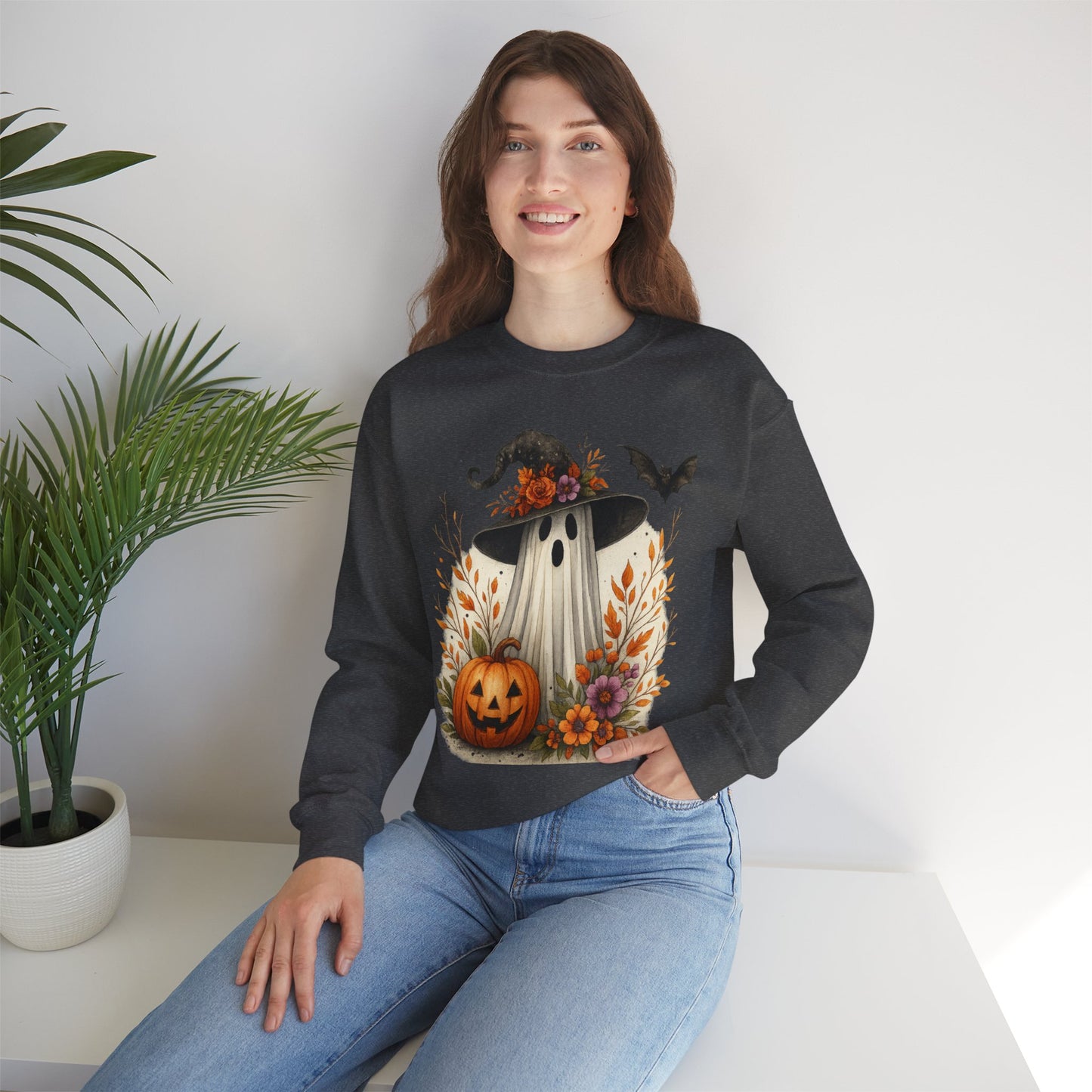 Halloween Ghost Crewneck Sweatshirt, Cozy Fall Apparel, Cute Ghost Design, Pumpkin Sweatshirt, Unisex Halloween Gift