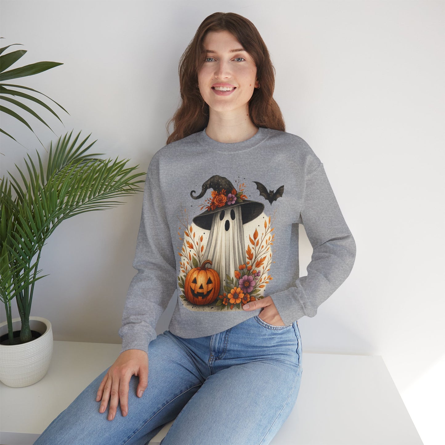 Halloween Ghost Crewneck Sweatshirt, Cozy Fall Apparel, Cute Ghost Design, Pumpkin Sweatshirt, Unisex Halloween Gift