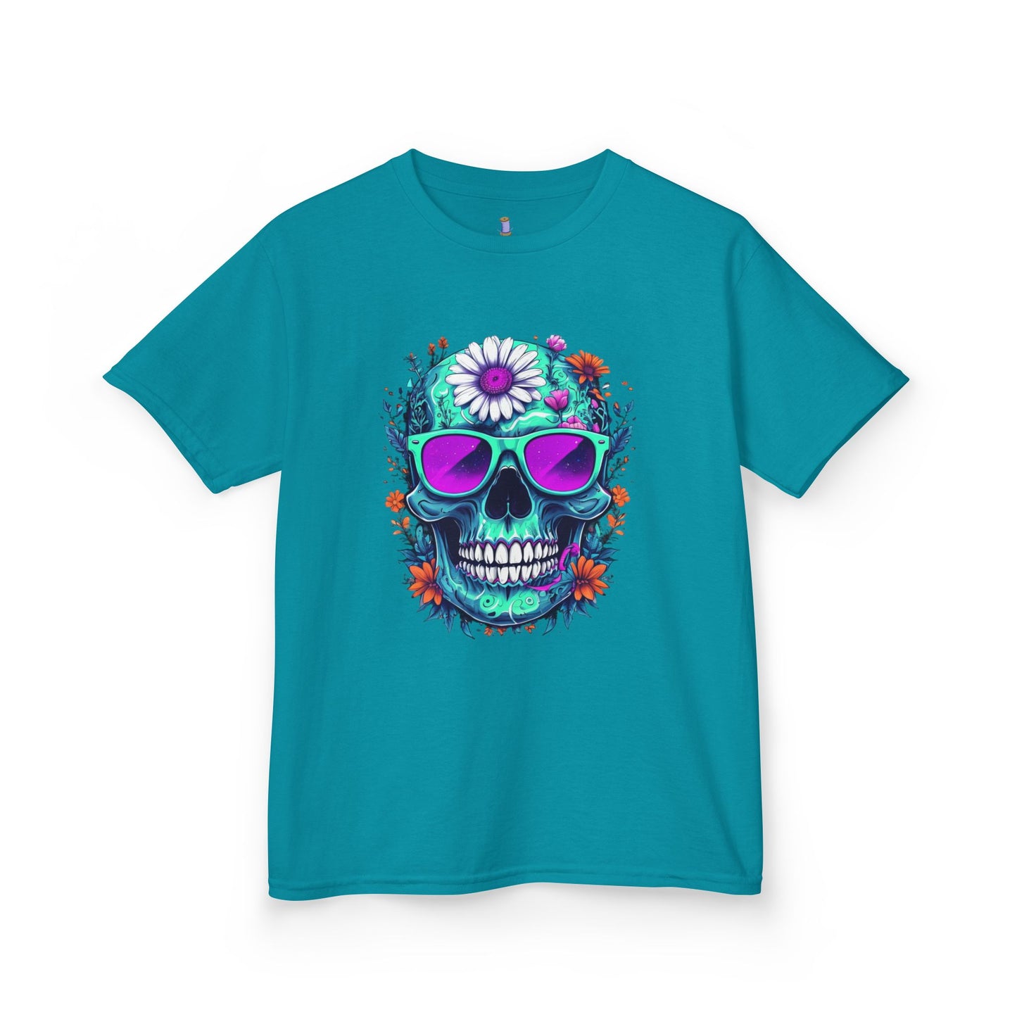 Vibrant Skull Youth Tee, Colorful T-Shirt for Festivals, Birthday Gift, Summer Wear, Unique Graphic Tee