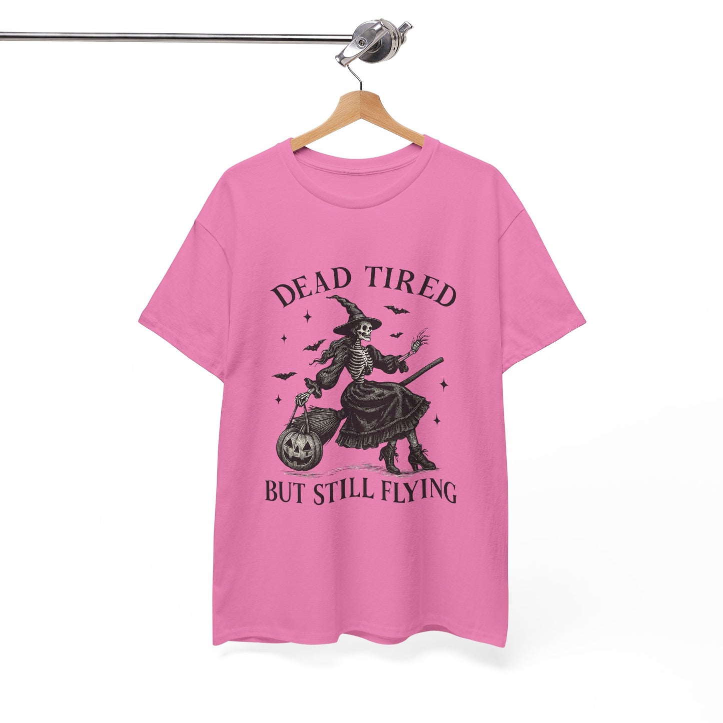 Dead Tired But Flying Skeleton Witch Halloween Tee