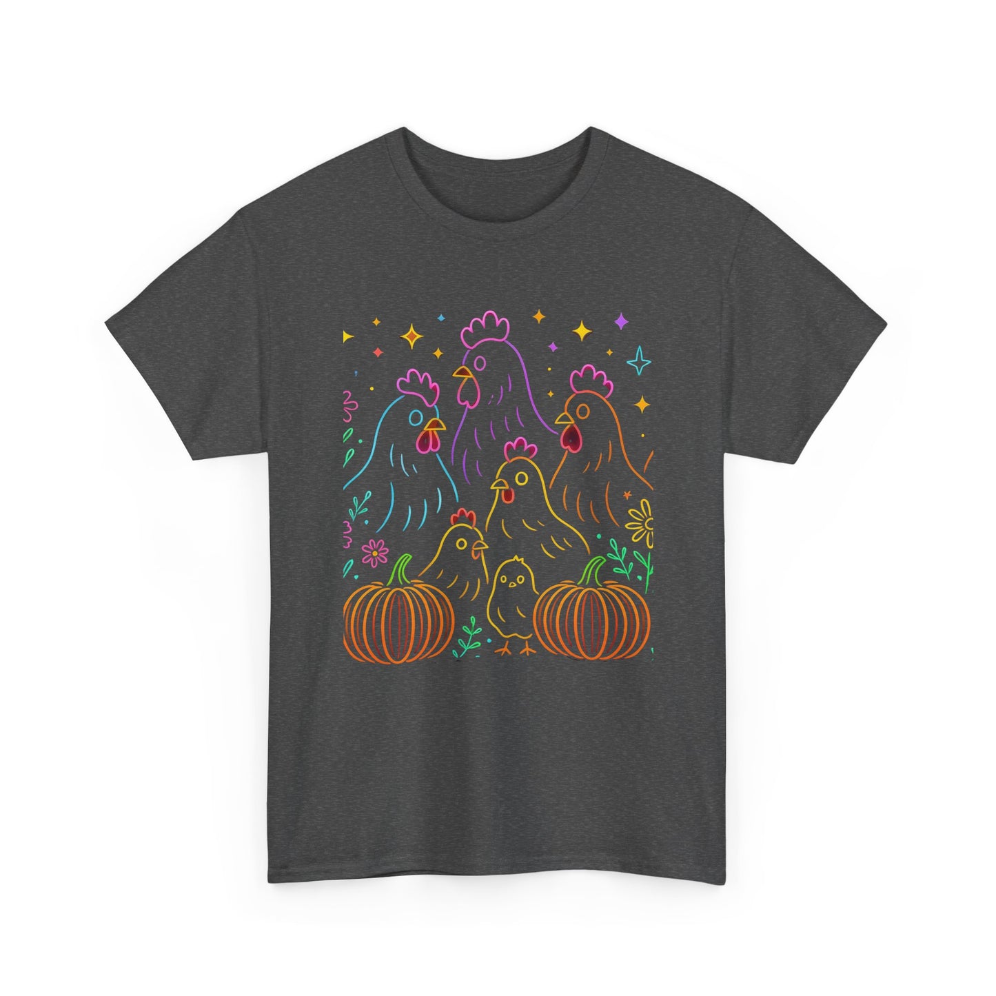 🌻 Autumn Chickens & Pumpkins Tee – Colorful Farm Harvest Shirt