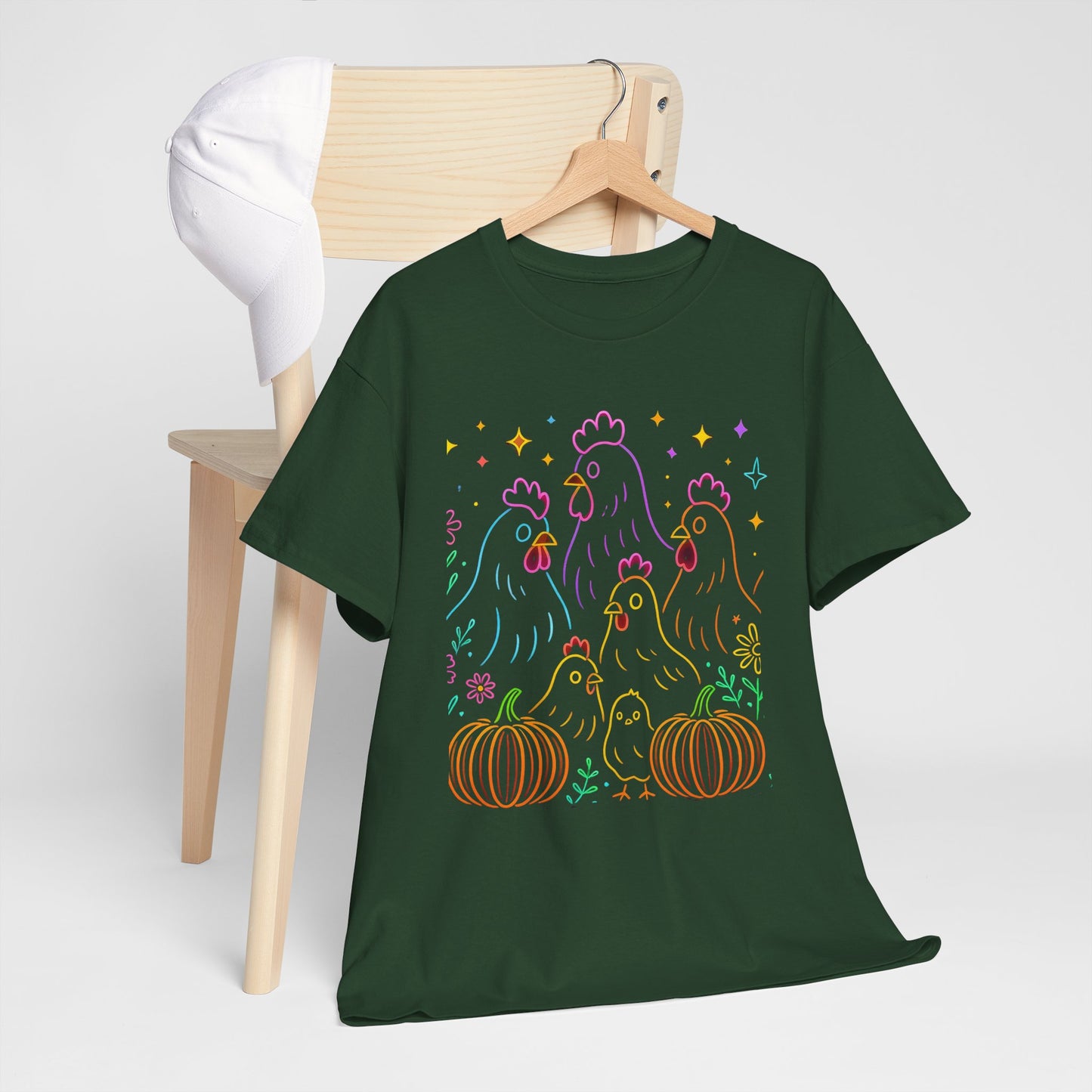 🌻 Autumn Chickens & Pumpkins Tee – Colorful Farm Harvest Shirt