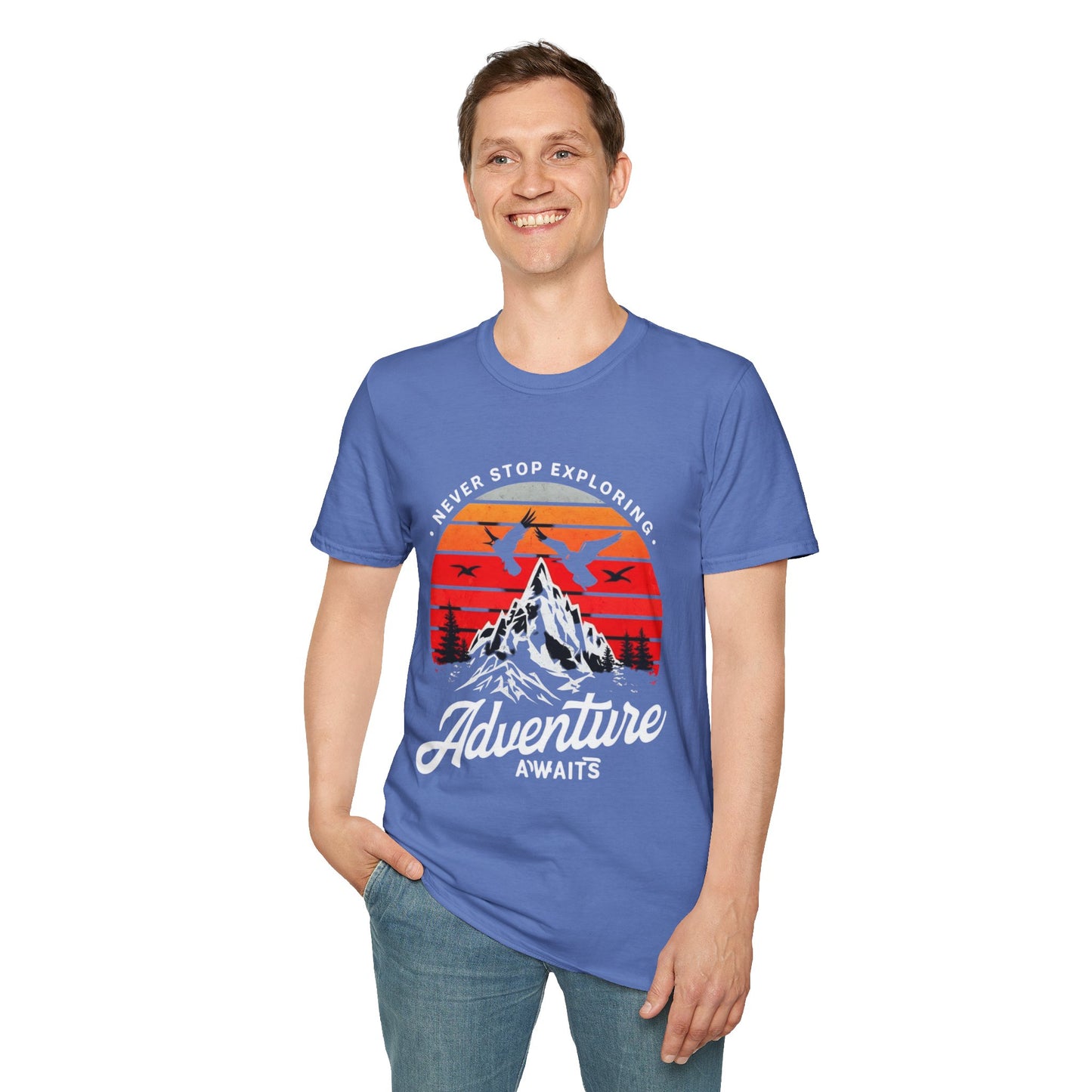 Adventure Awaits T-Shirt | Unisex Softstyle Tee | Perfect for Travel Lovers, Outdoor Adventures, Camping, Nature Gifts, Explore