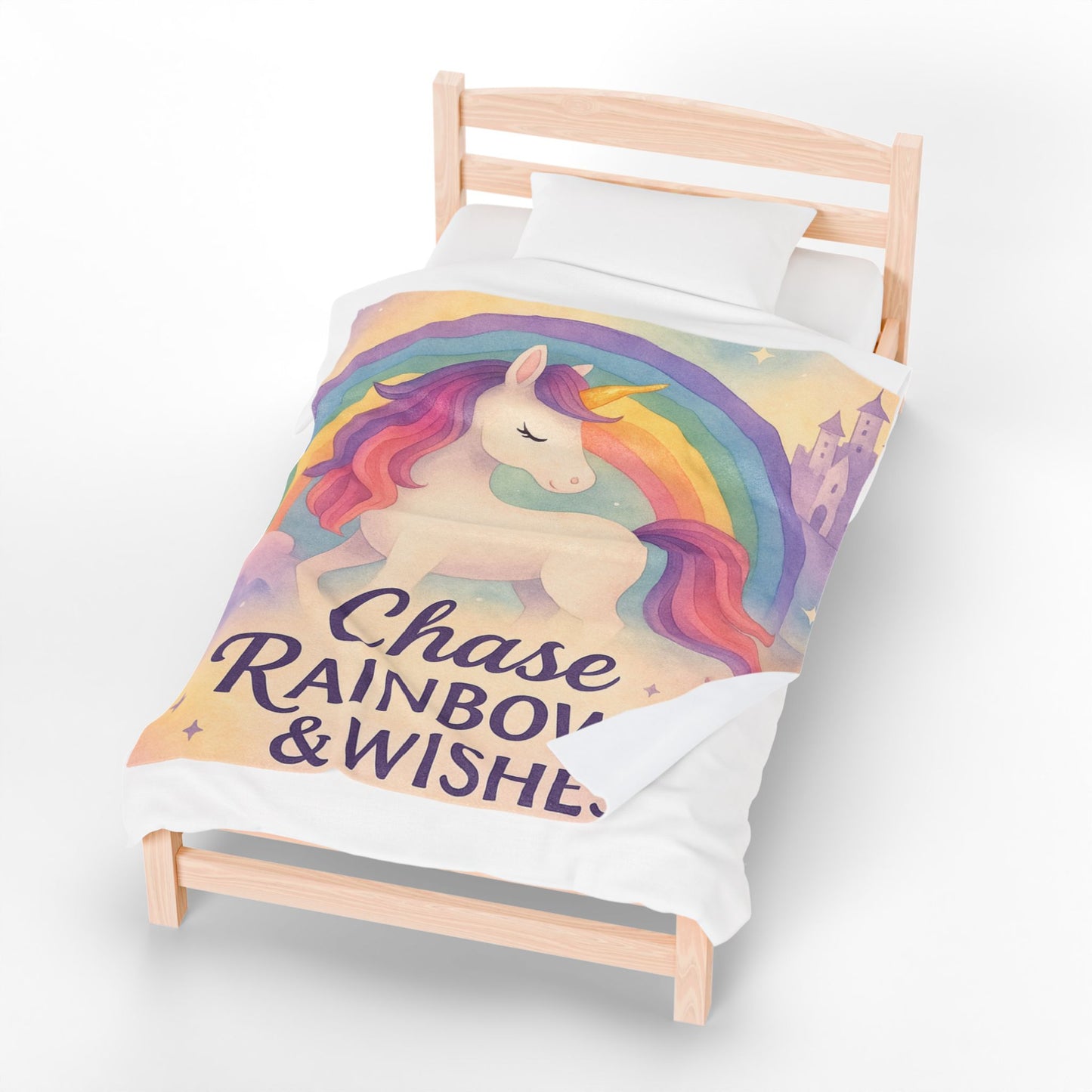 Unicorn Rainbow Plush Blanket, Cozy Kids Blanket, Soft Velveteen Throw, Magical Nursery Decor, Chase Rainbows & Wishes