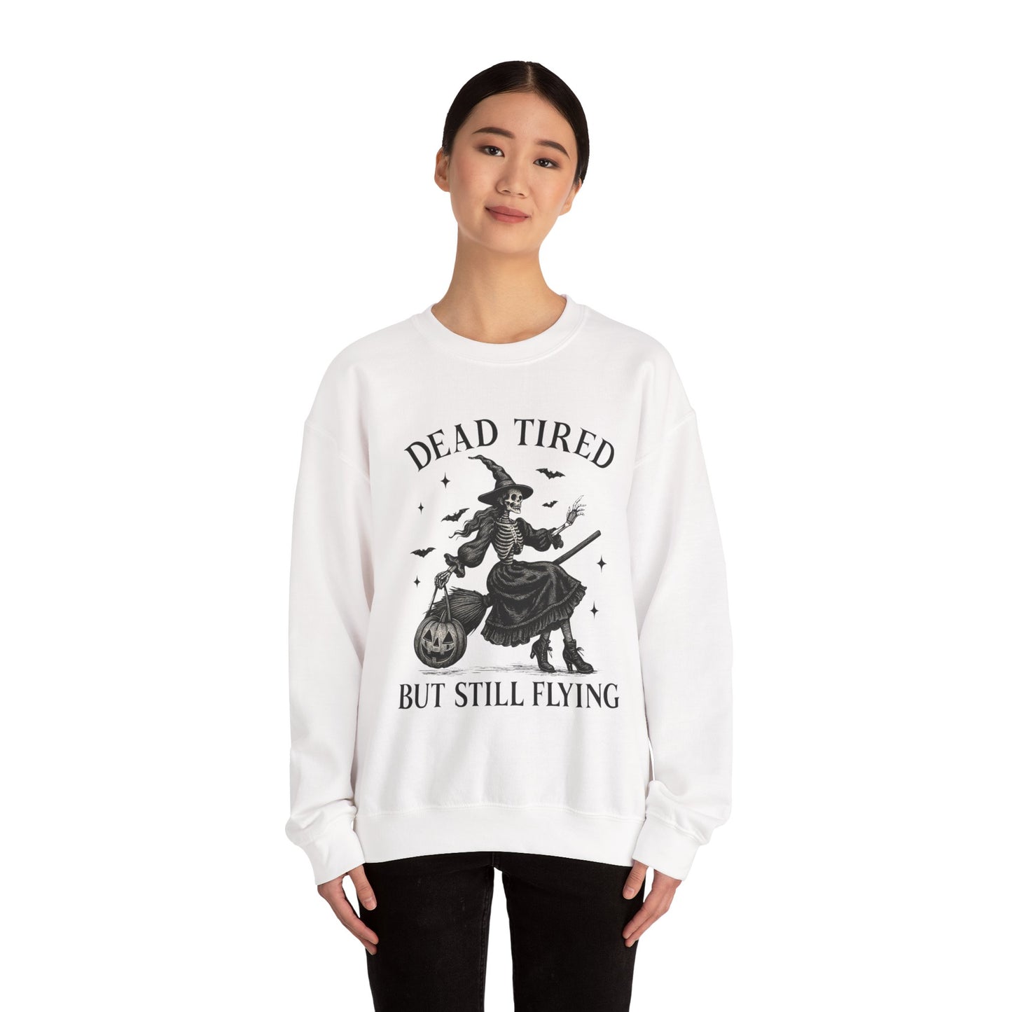 Dead Tired Skeleton Witch Halloween Crewneck Sweatshirt