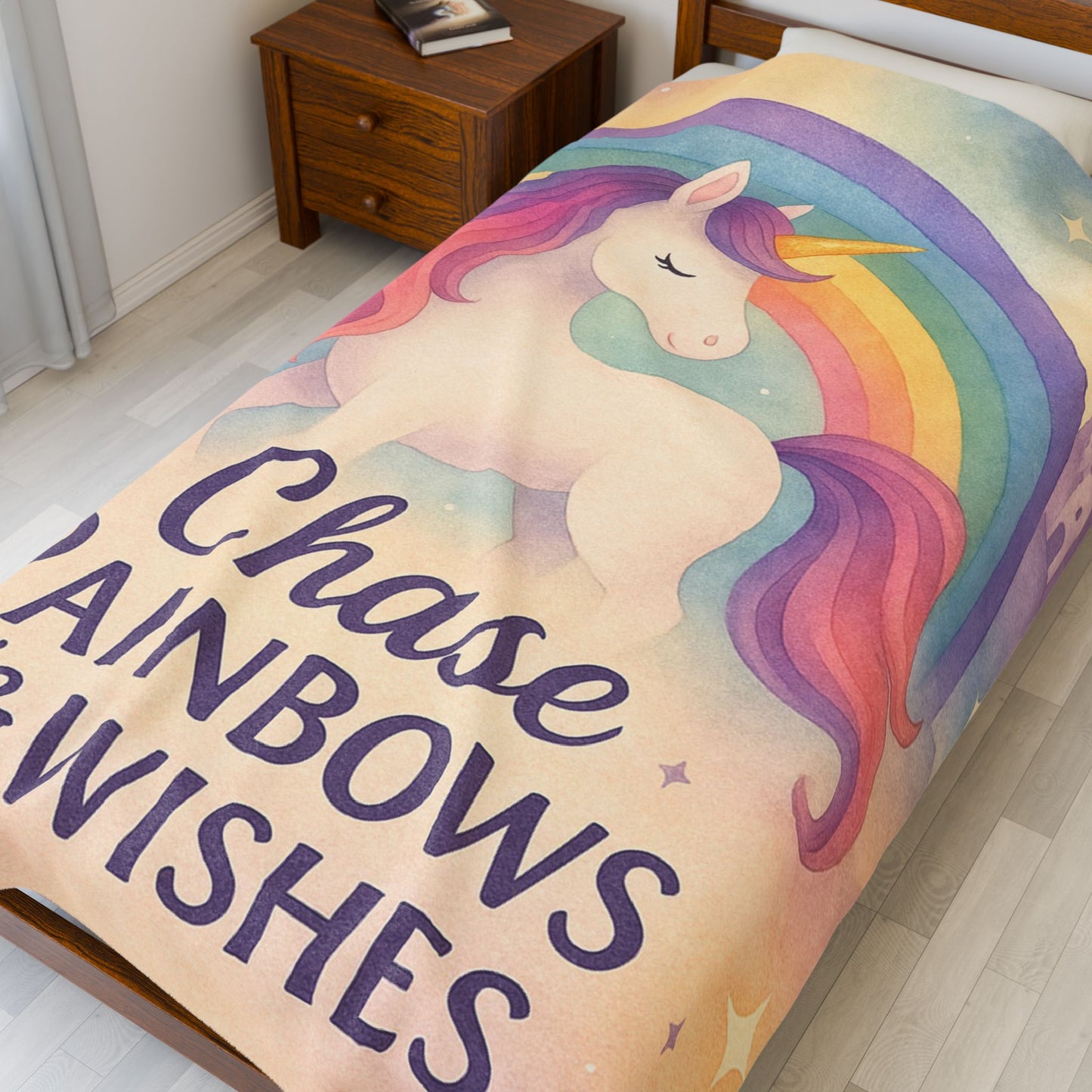 Unicorn Rainbow Plush Blanket, Cozy Kids Blanket, Soft Velveteen Throw, Magical Nursery Decor, Chase Rainbows & Wishes