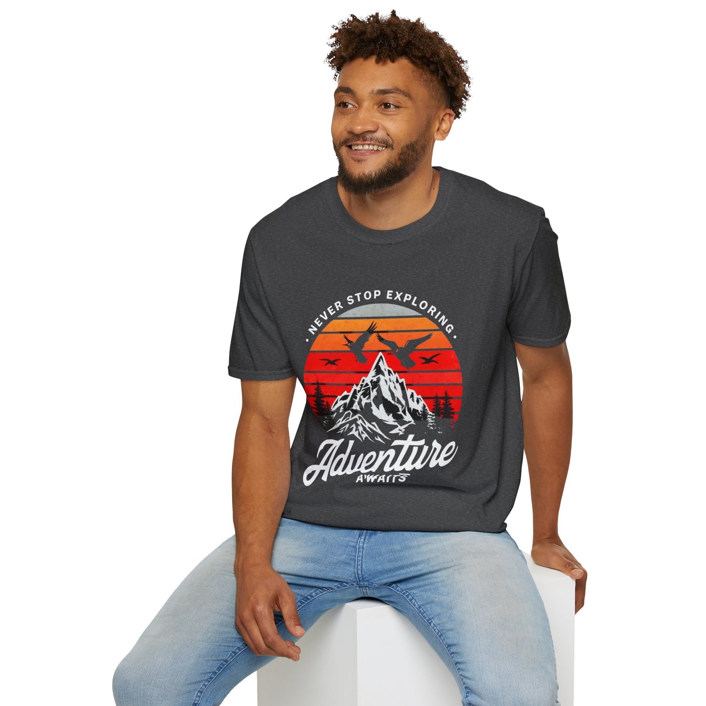 Adventure Awaits T-Shirt | Unisex Softstyle Tee | Perfect for Travel Lovers, Outdoor Adventures, Camping, Nature Gifts, Explore