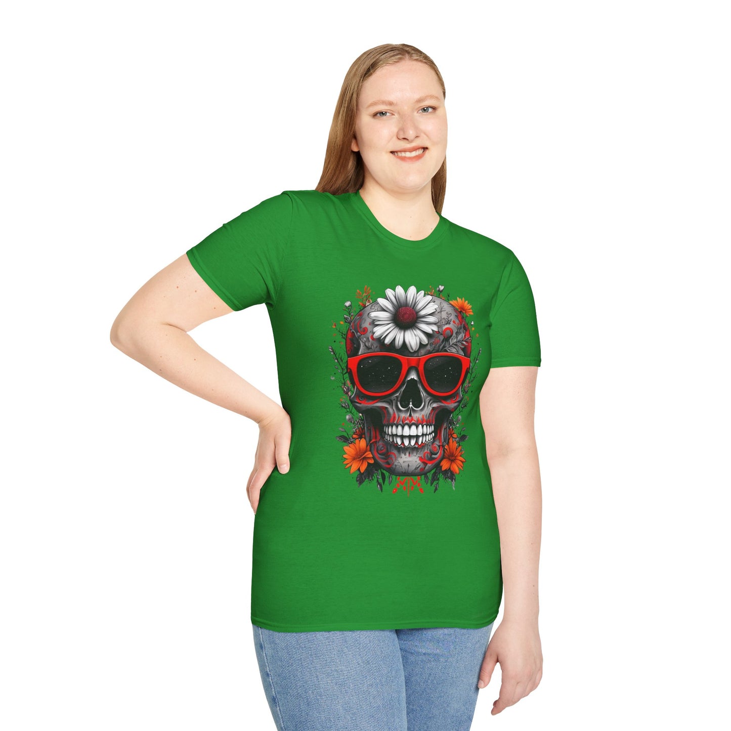 Skull & Flower Graphic T-Shirt, Unisex Casual Tee, Edgy Fashion Wear, Festival Outfit, Gift for Halloween & Day of the Dead