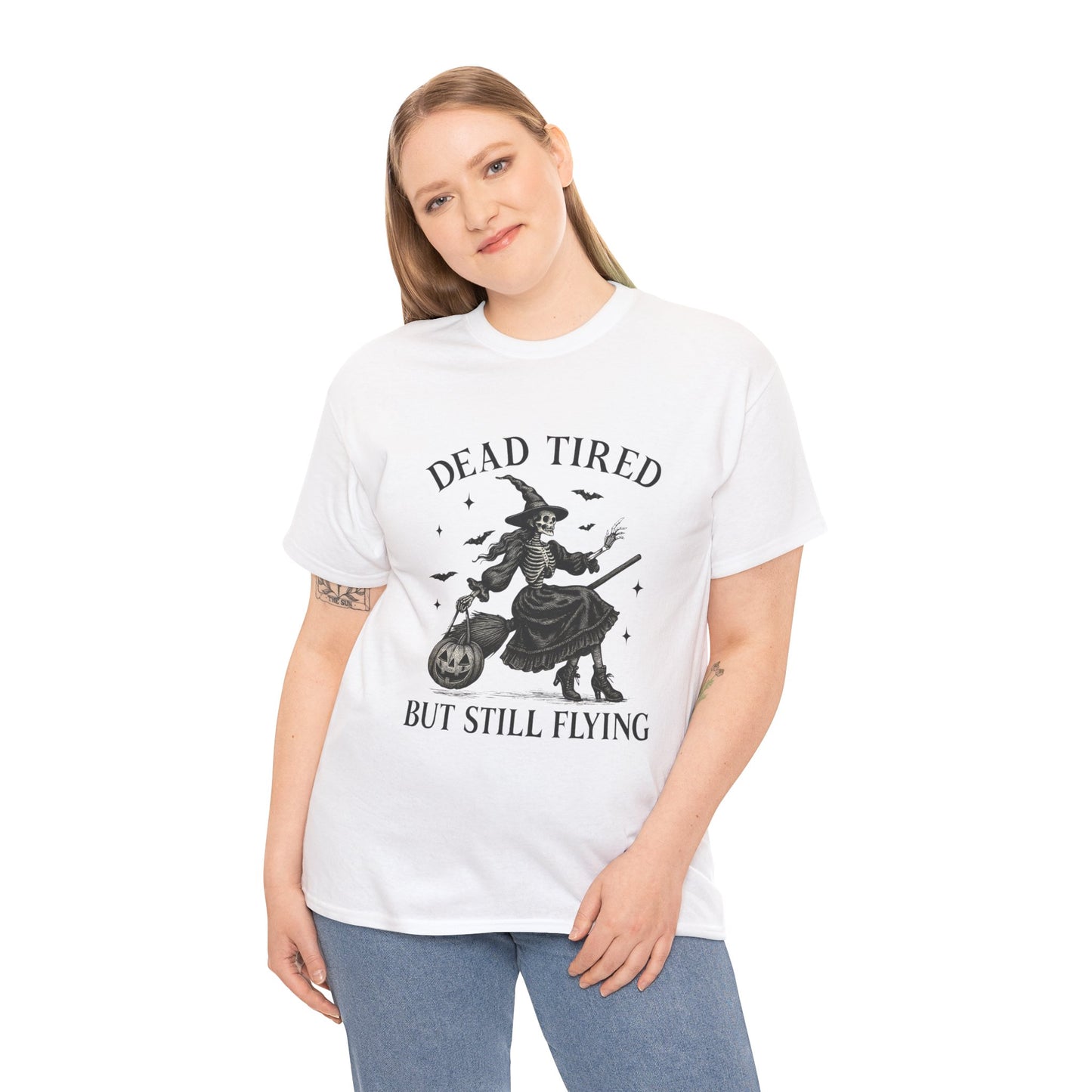 Dead Tired But Flying Skeleton Witch Halloween Tee