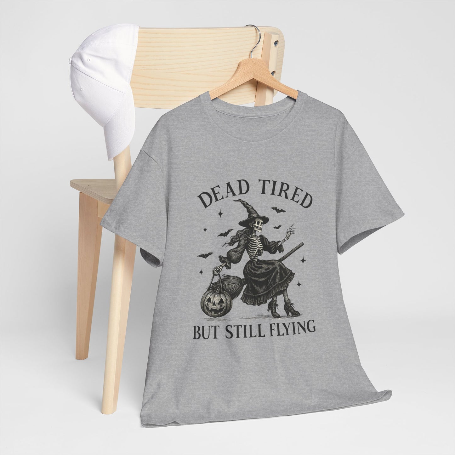 Dead Tired But Flying Skeleton Witch Halloween Tee