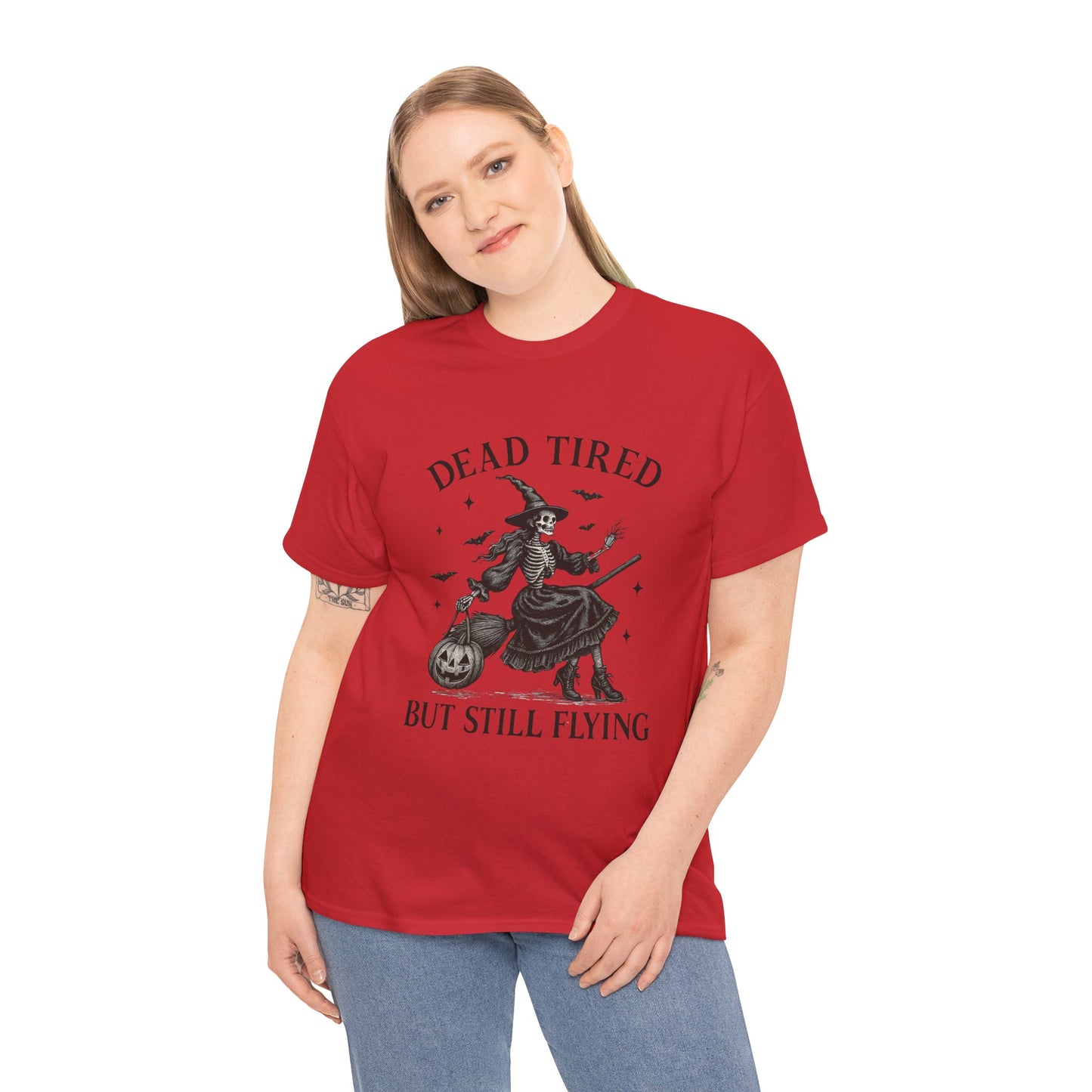 Dead Tired But Flying Skeleton Witch Halloween Tee