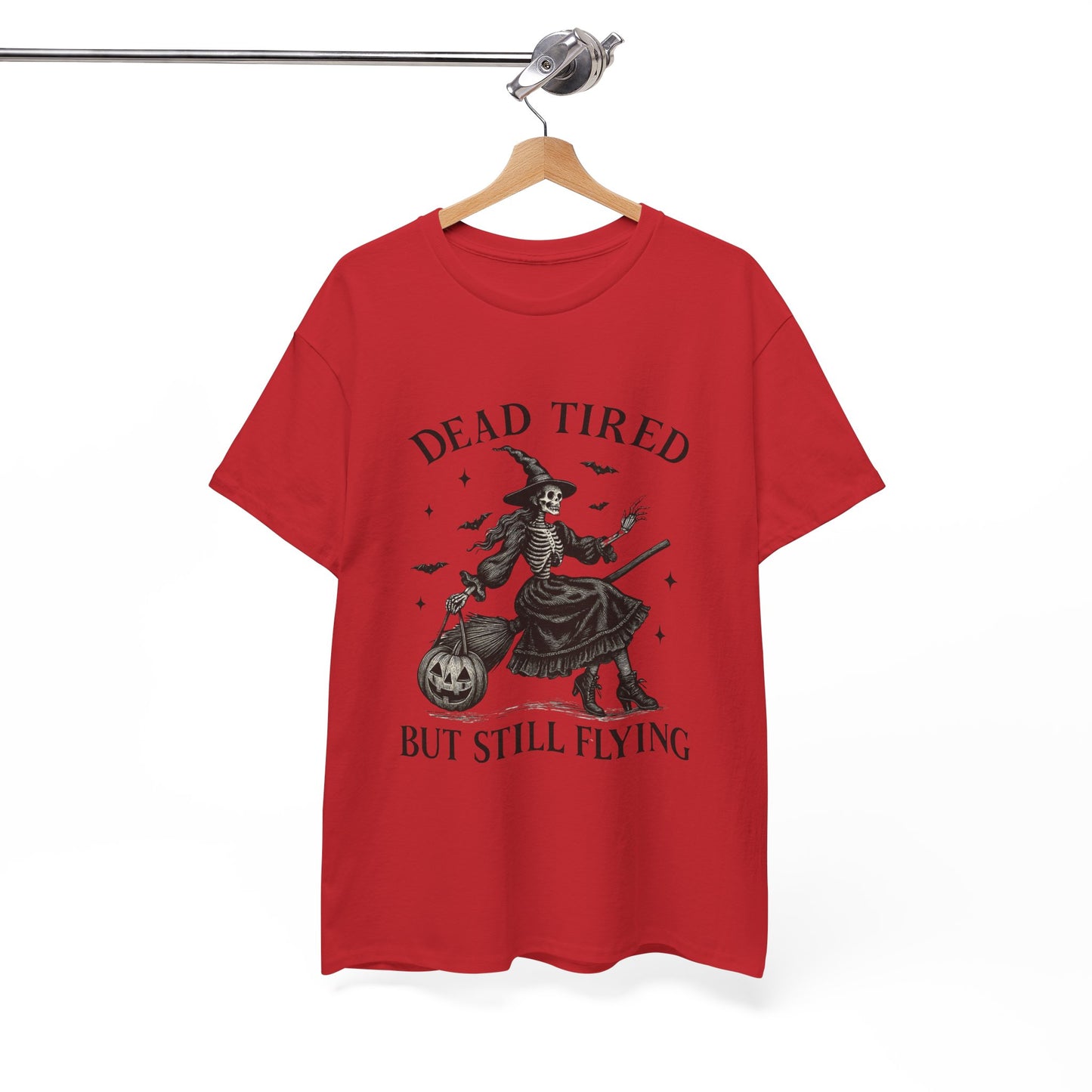 Dead Tired But Flying Skeleton Witch Halloween Tee