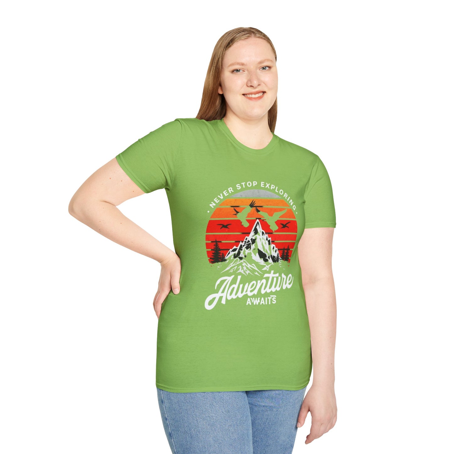 Adventure Awaits T-Shirt | Unisex Softstyle Tee | Perfect for Travel Lovers, Outdoor Adventures, Camping, Nature Gifts, Explore
