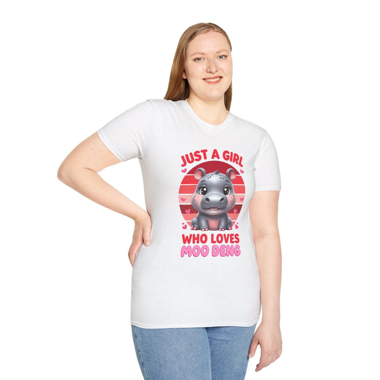 Just a Girl Who Loves Moo Deng Unisex Softstyle T-Shirt | Cute Hippo Tee, Animal Lover Shirt, Gift for Kids, Summer Wear, Birthday Present