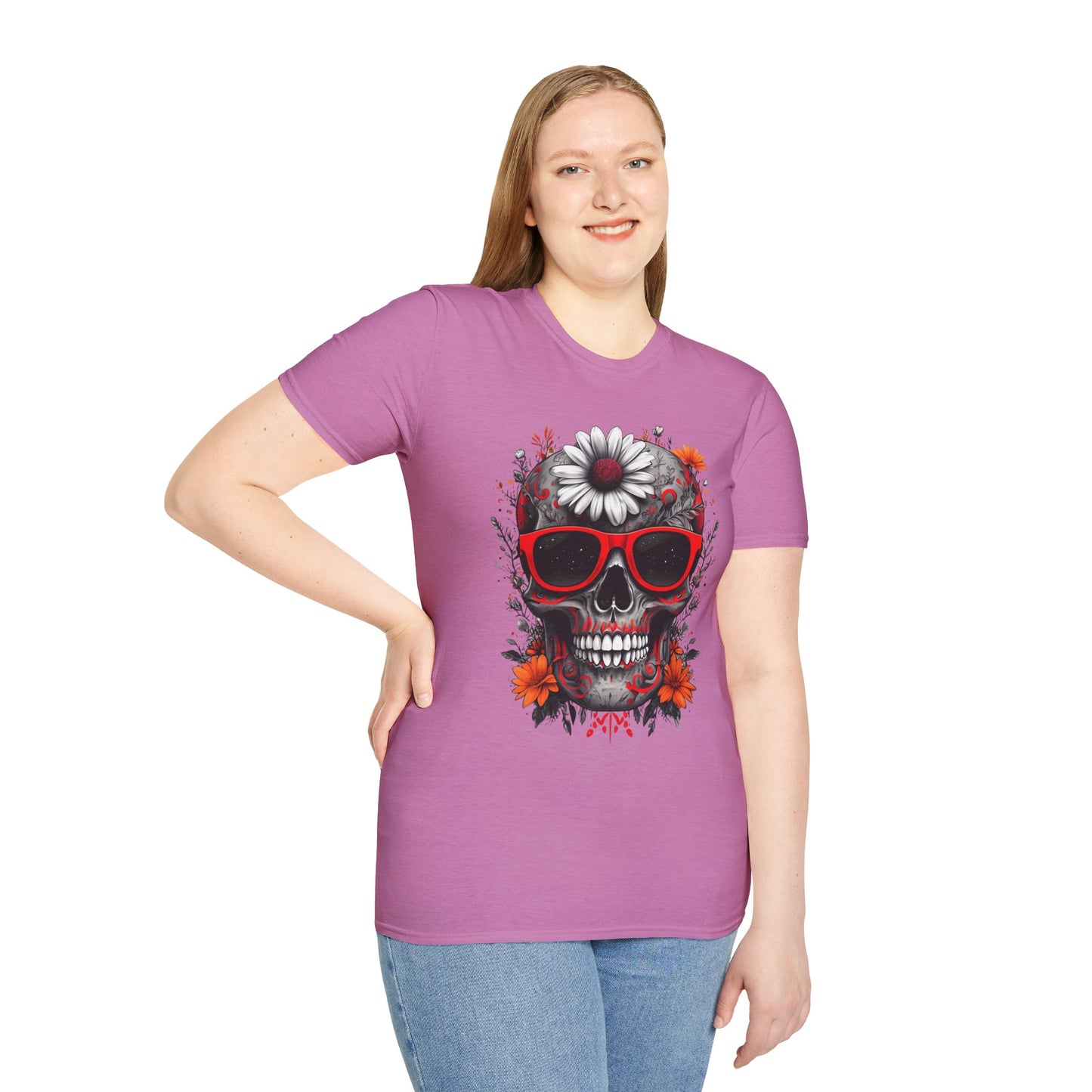 Skull & Flower Graphic T-Shirt, Unisex Casual Tee, Edgy Fashion Wear, Festival Outfit, Gift for Halloween & Day of the Dead
