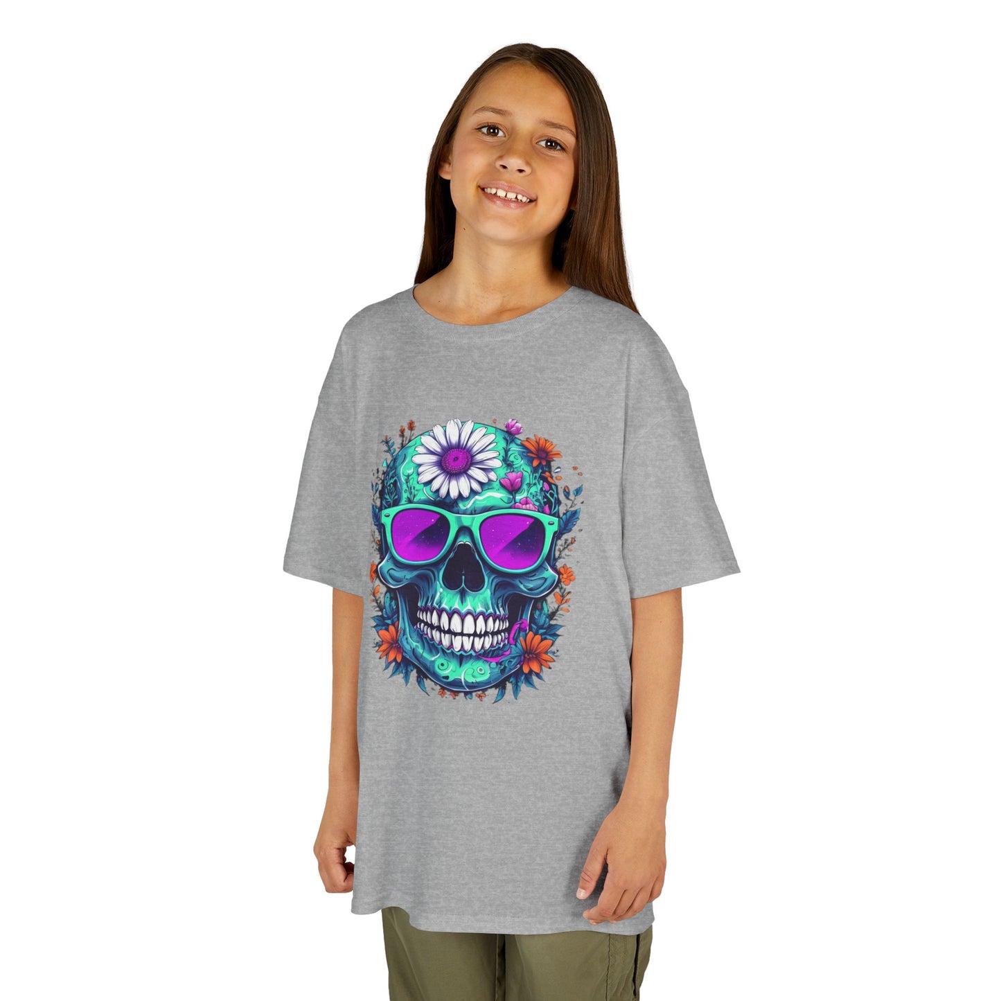 Vibrant Skull Youth Tee, Colorful T-Shirt for Festivals, Birthday Gift, Summer Wear, Unique Graphic Tee