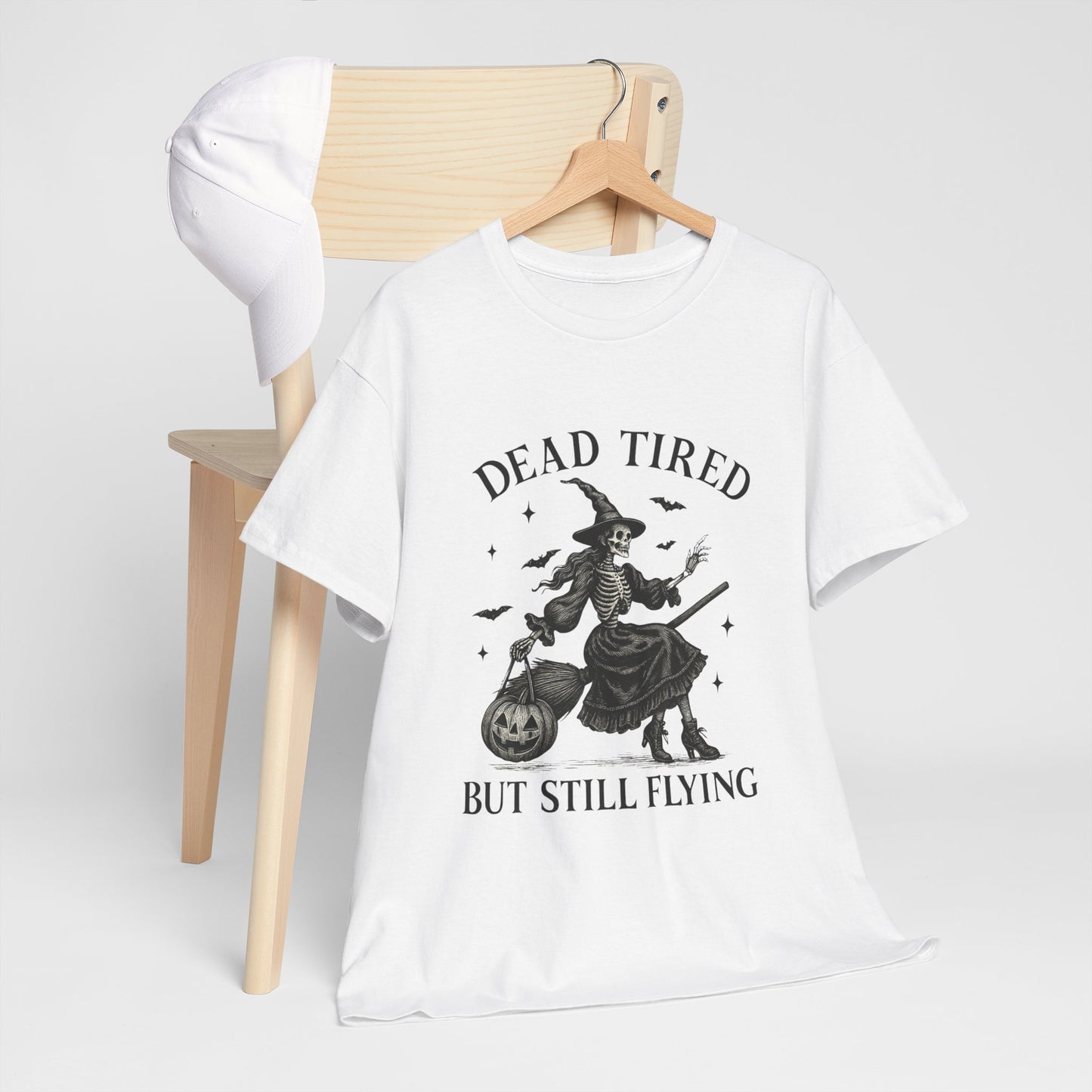 Dead Tired But Flying Skeleton Witch Halloween Tee