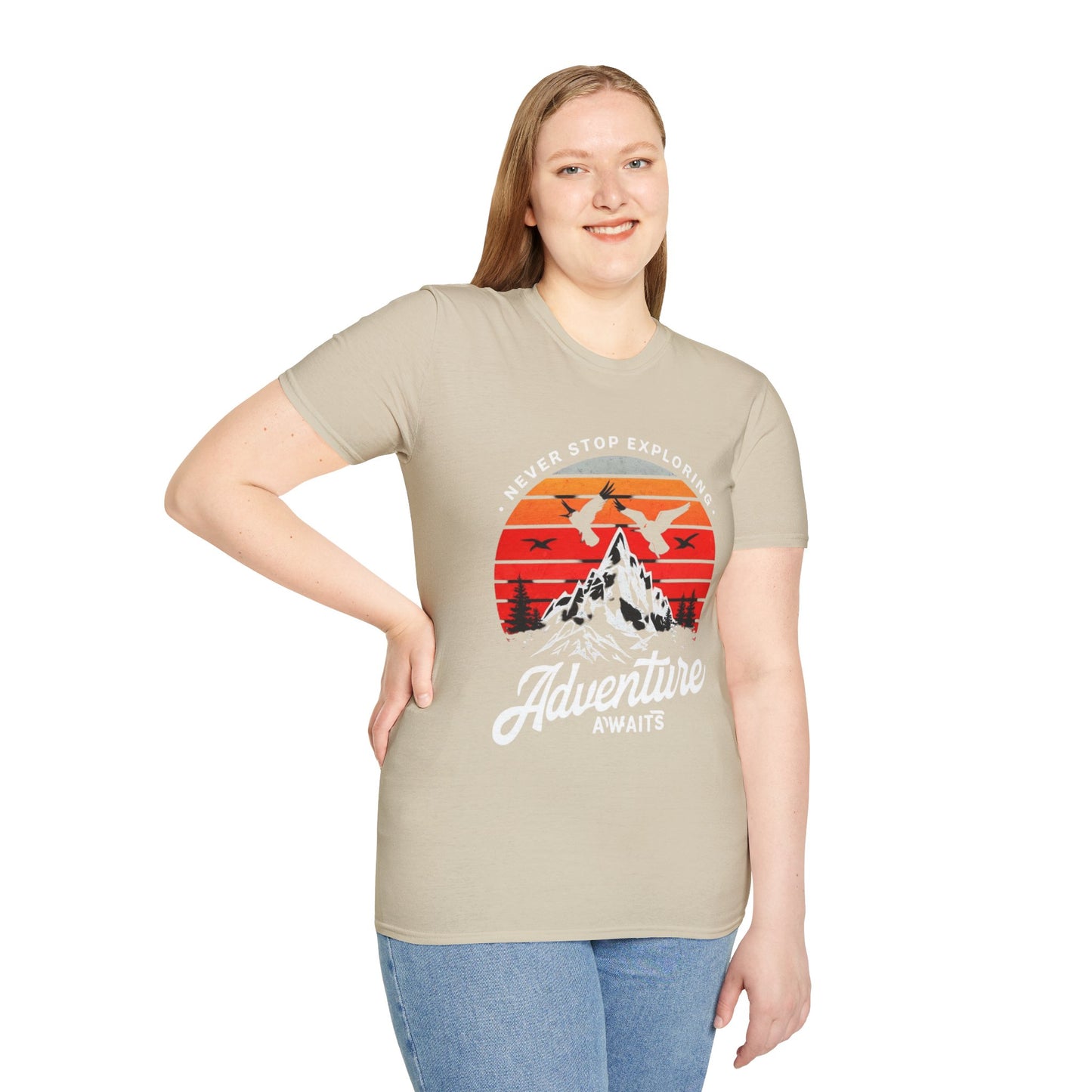 Adventure Awaits T-Shirt | Unisex Softstyle Tee | Perfect for Travel Lovers, Outdoor Adventures, Camping, Nature Gifts, Explore