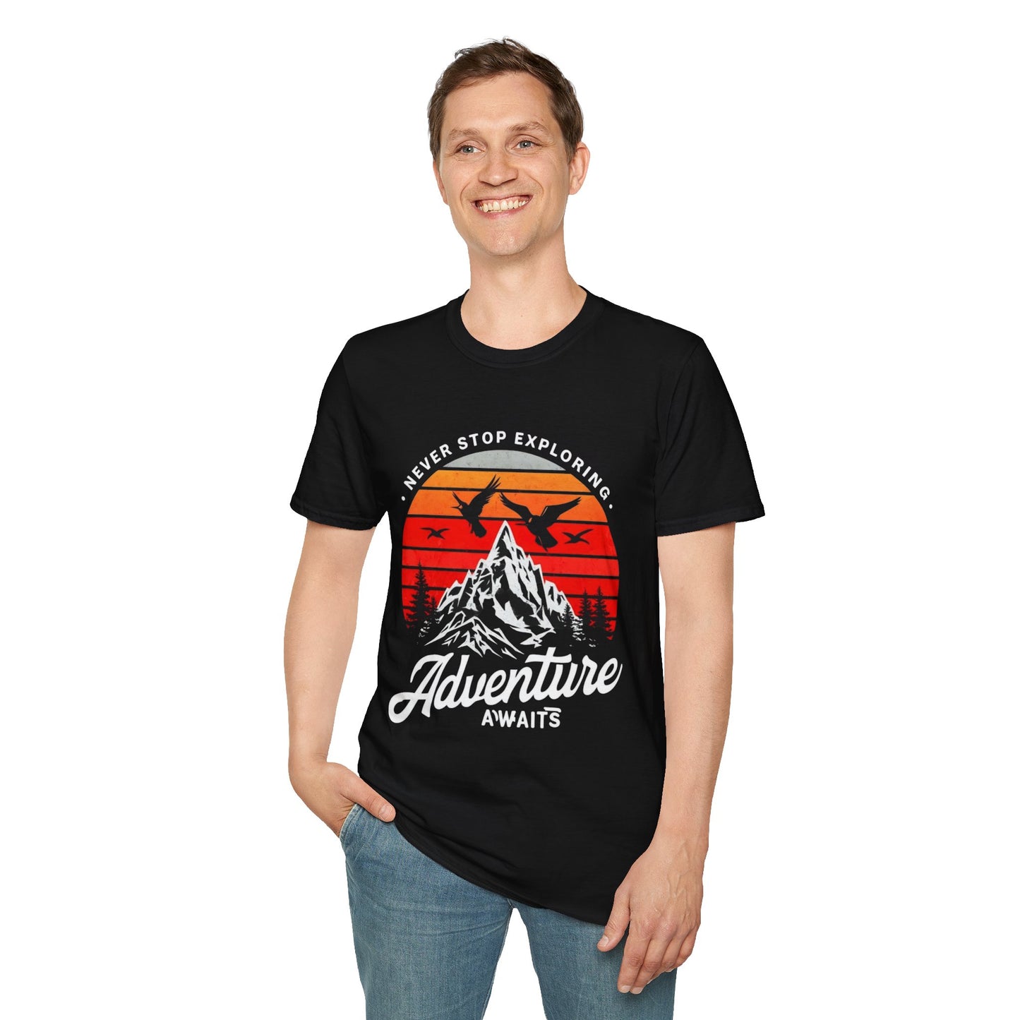 Adventure Awaits T-Shirt | Unisex Softstyle Tee | Perfect for Travel Lovers, Outdoor Adventures, Camping, Nature Gifts, Explore