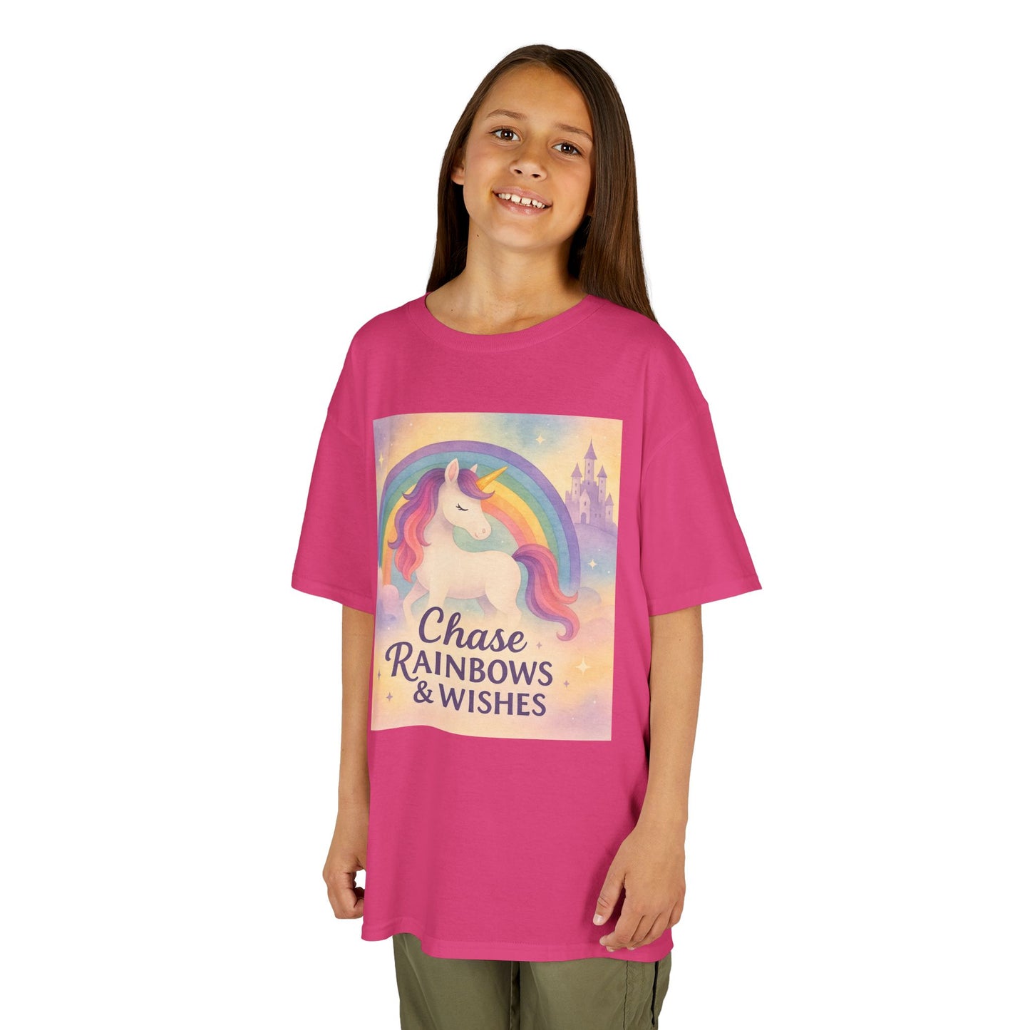 Chase Rainbows & Wishes Unicorn Kids Tee, Magical T-Shirt, Birthday Gift for Kids, Unicorn Lover Apparel, Playful Cotton Tee