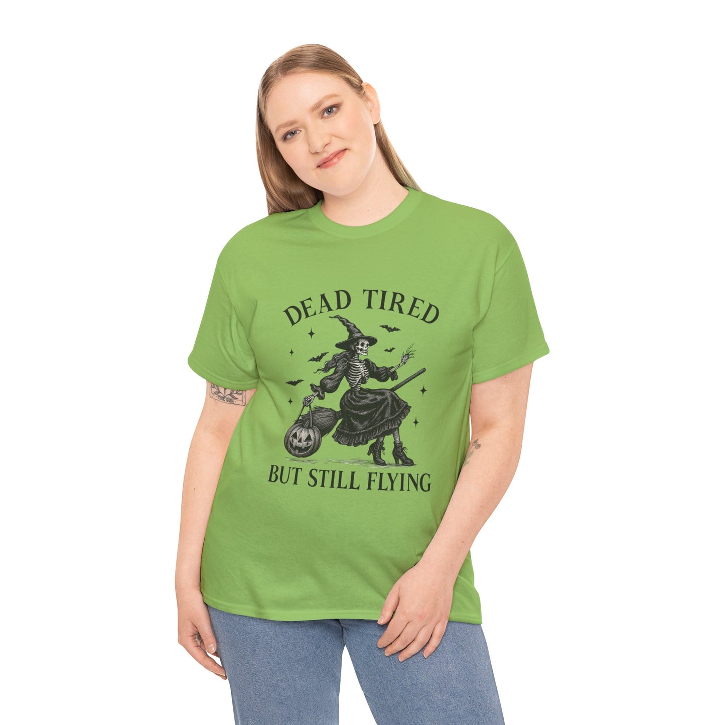 Dead Tired But Flying Skeleton Witch Halloween Tee
