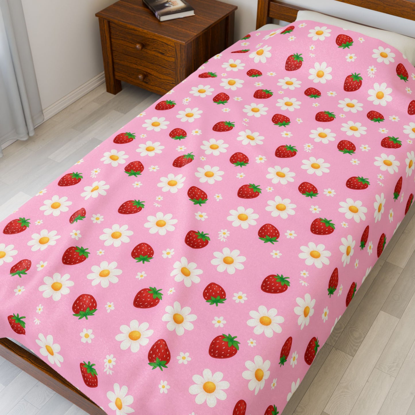 Cozy Strawberry Floral Blanket | Soft Plush Throw, Nursery Decor, Gift for Kids, Spring Home Accents, Cute Couch Cover