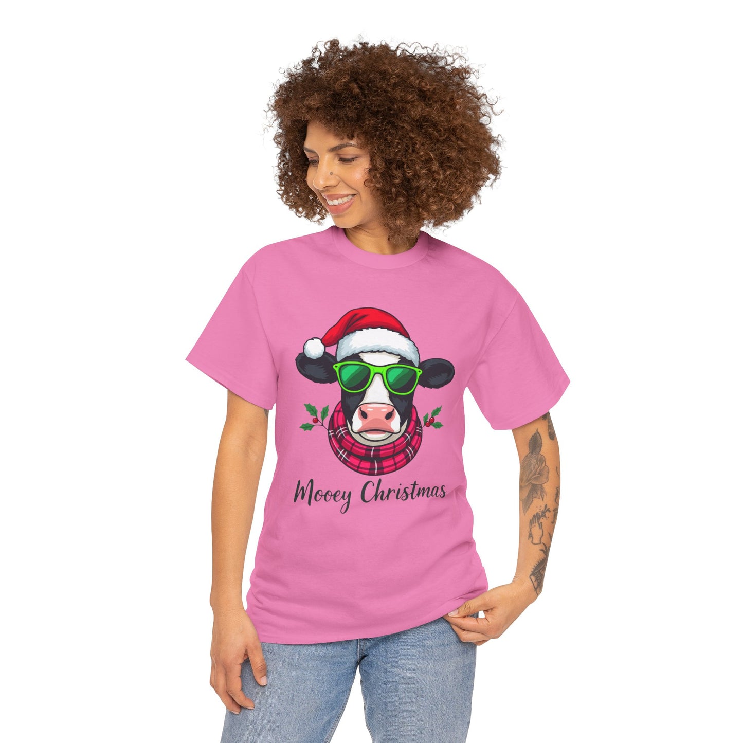 Moovey Christmas Cow Tee - Pink Plaid Scarf & Sunglasses