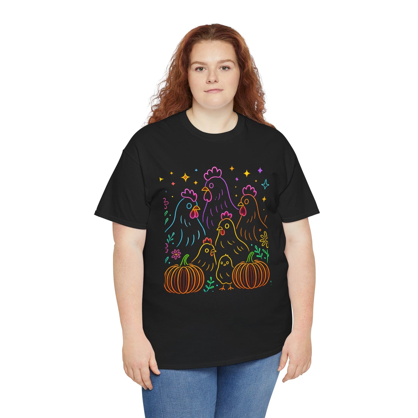 🌻 Autumn Chickens & Pumpkins Tee – Colorful Farm Harvest Shirt