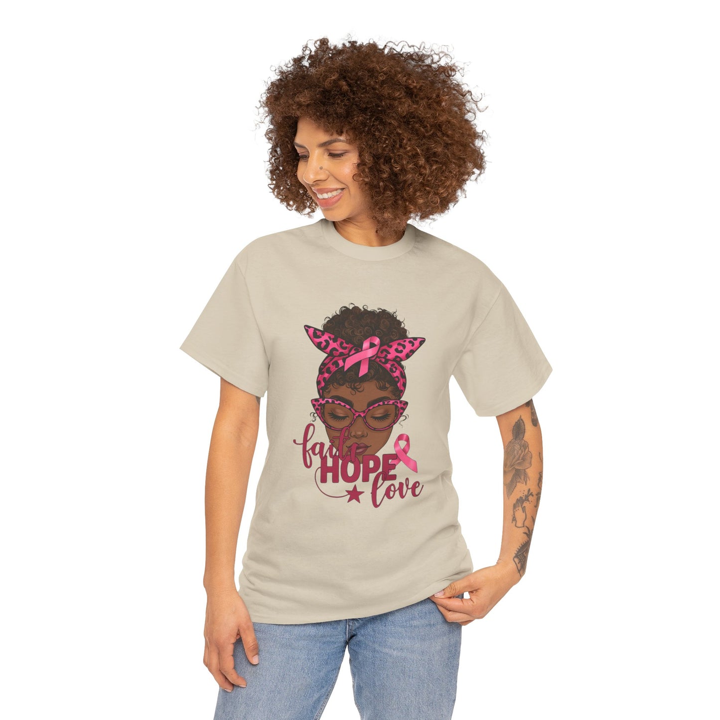 Hope Love Faith Black Woman Pink Ribbon Tee