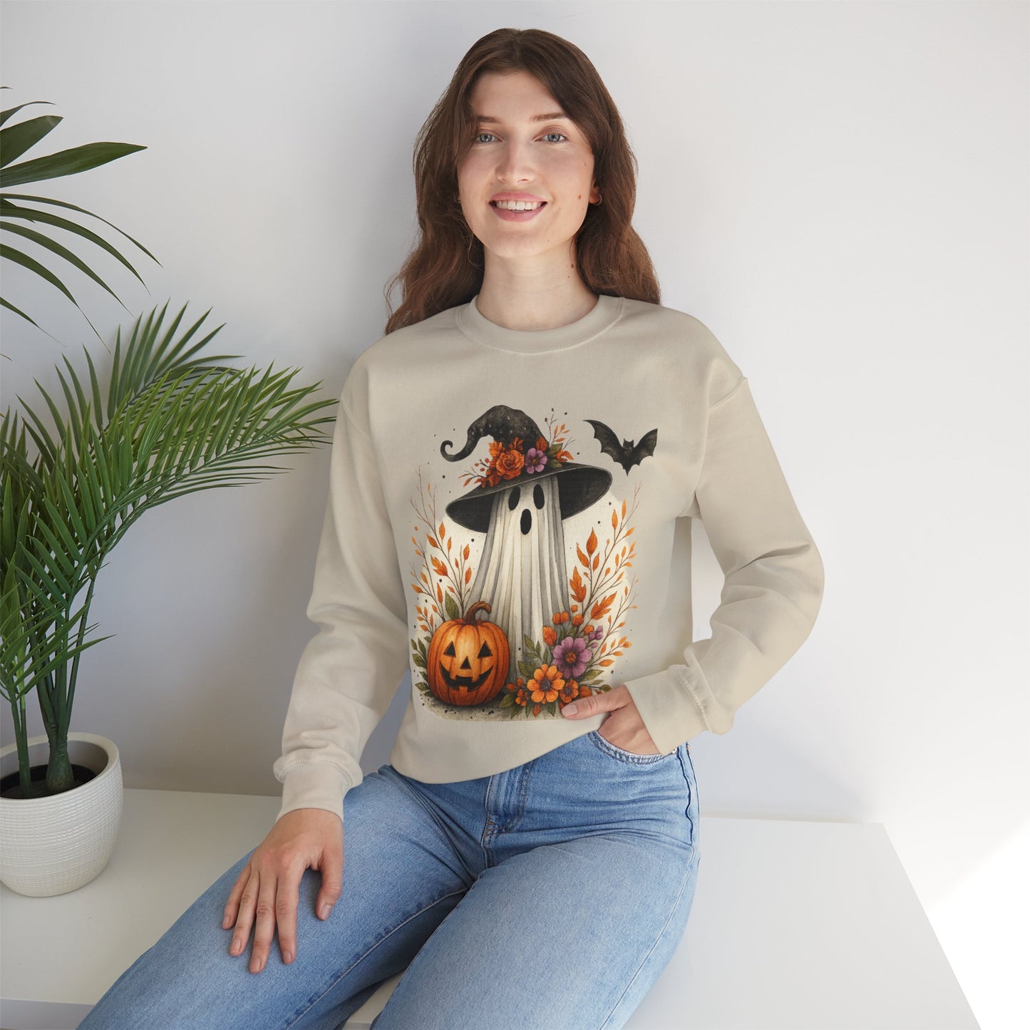 Halloween Ghost Crewneck Sweatshirt, Cozy Fall Apparel, Cute Ghost Design, Pumpkin Sweatshirt, Unisex Halloween Gift