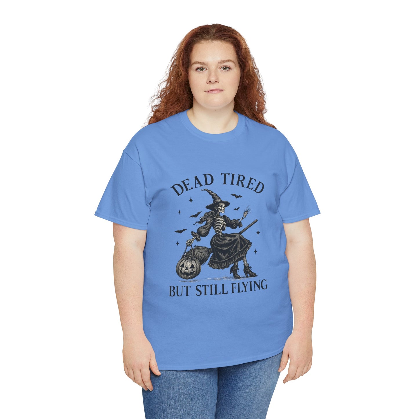 Dead Tired But Flying Skeleton Witch Halloween Tee