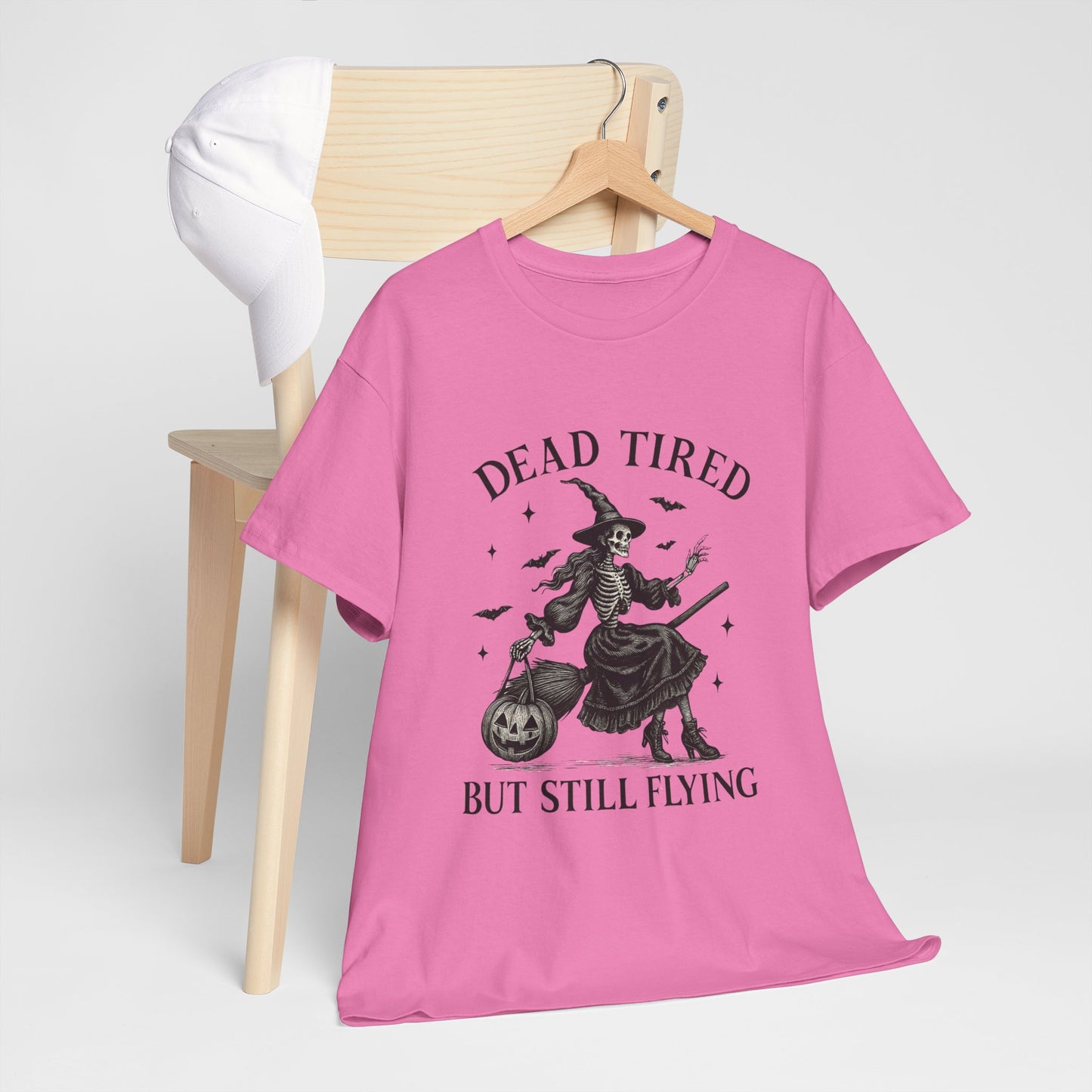 Dead Tired But Flying Skeleton Witch Halloween Tee