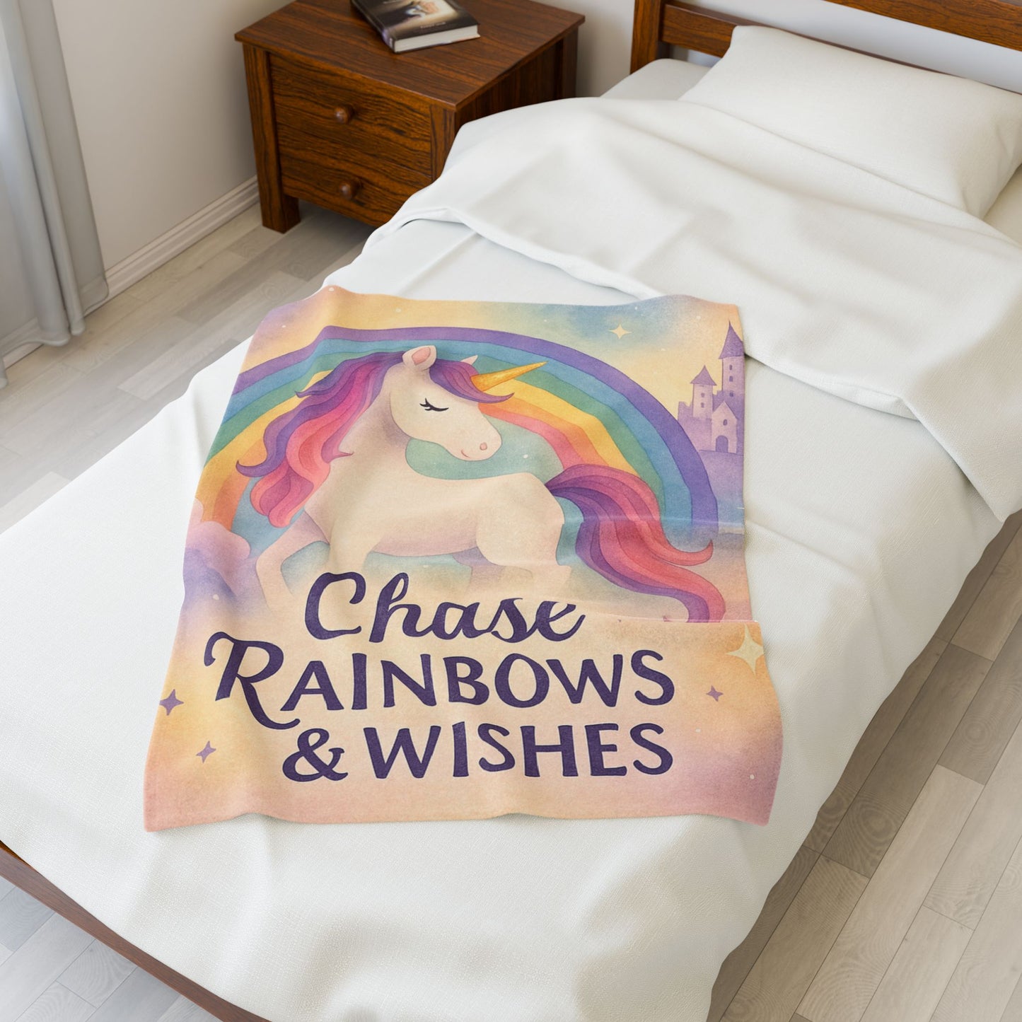 Unicorn Rainbow Plush Blanket, Cozy Kids Blanket, Soft Velveteen Throw, Magical Nursery Decor, Chase Rainbows & Wishes