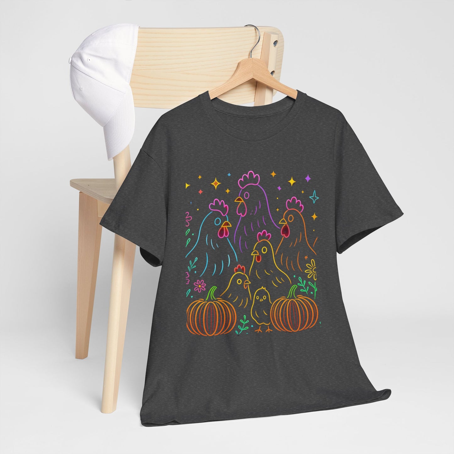 🌻 Autumn Chickens & Pumpkins Tee – Colorful Farm Harvest Shirt