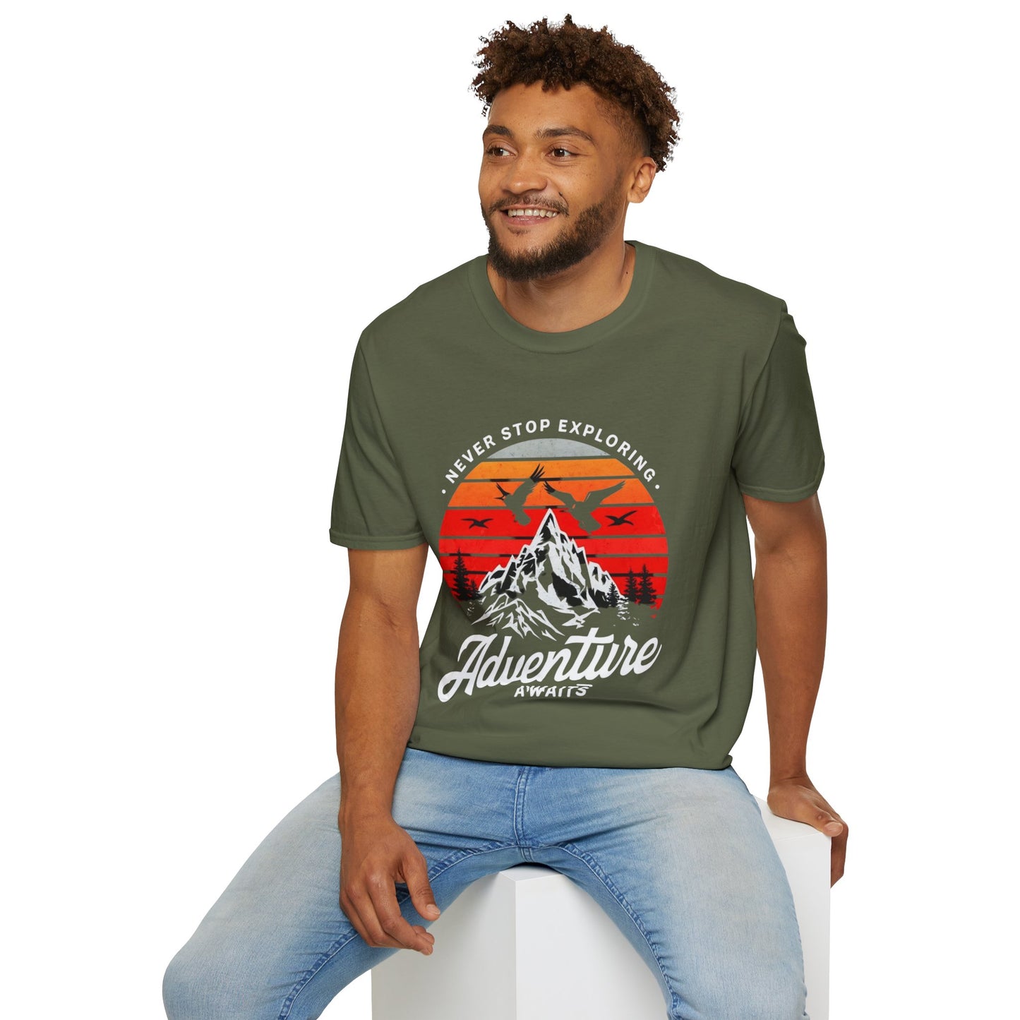 Adventure Awaits T-Shirt | Unisex Softstyle Tee | Perfect for Travel Lovers, Outdoor Adventures, Camping, Nature Gifts, Explore