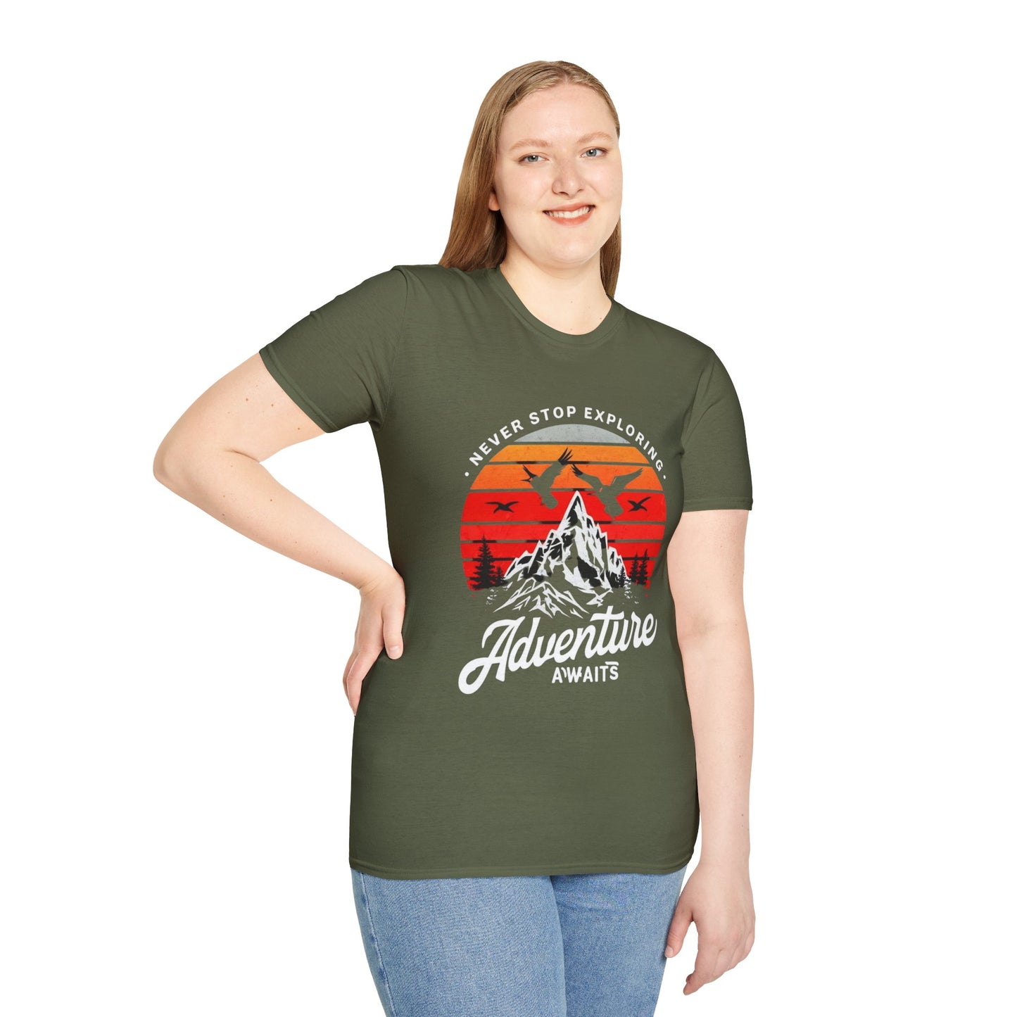 Adventure Awaits T-Shirt | Unisex Softstyle Tee | Perfect for Travel Lovers, Outdoor Adventures, Camping, Nature Gifts, Explore